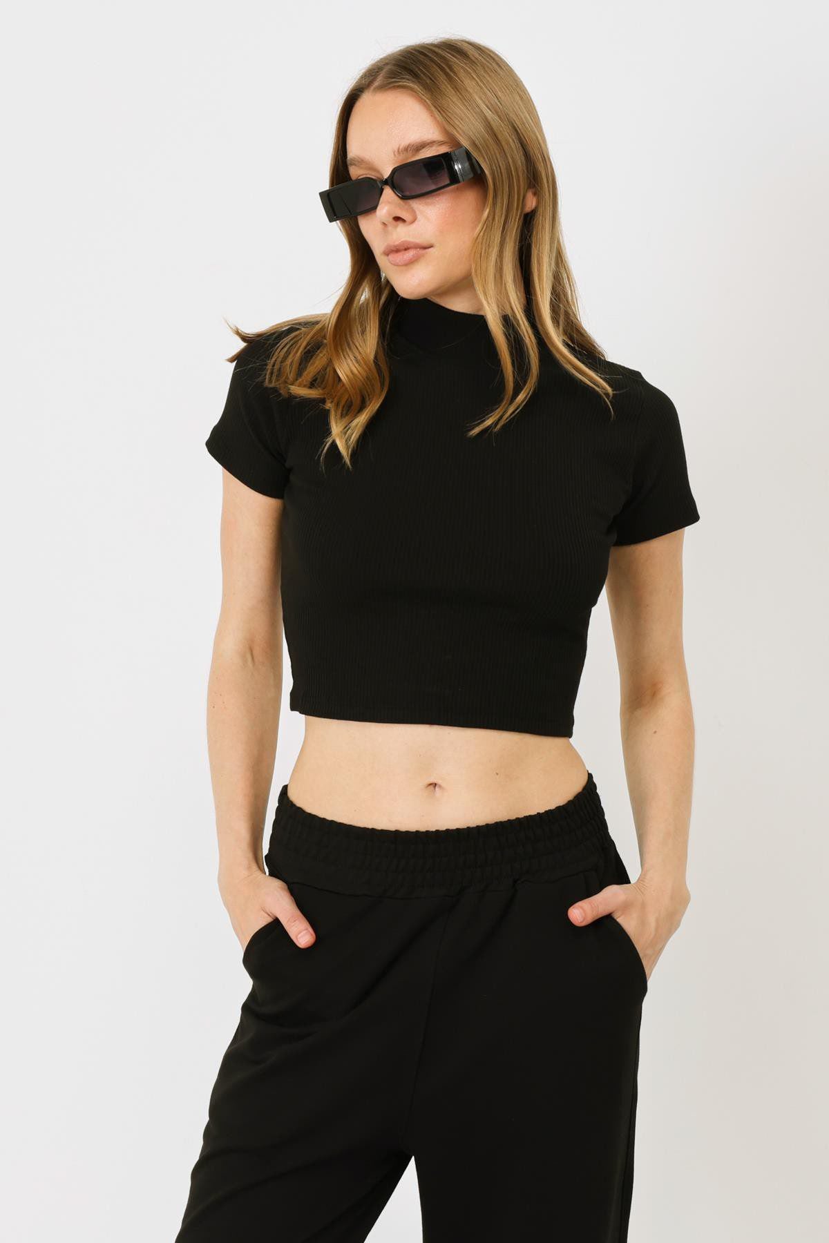 Damen Kurzarm-Rippbluse mit hohem Ausschnitt