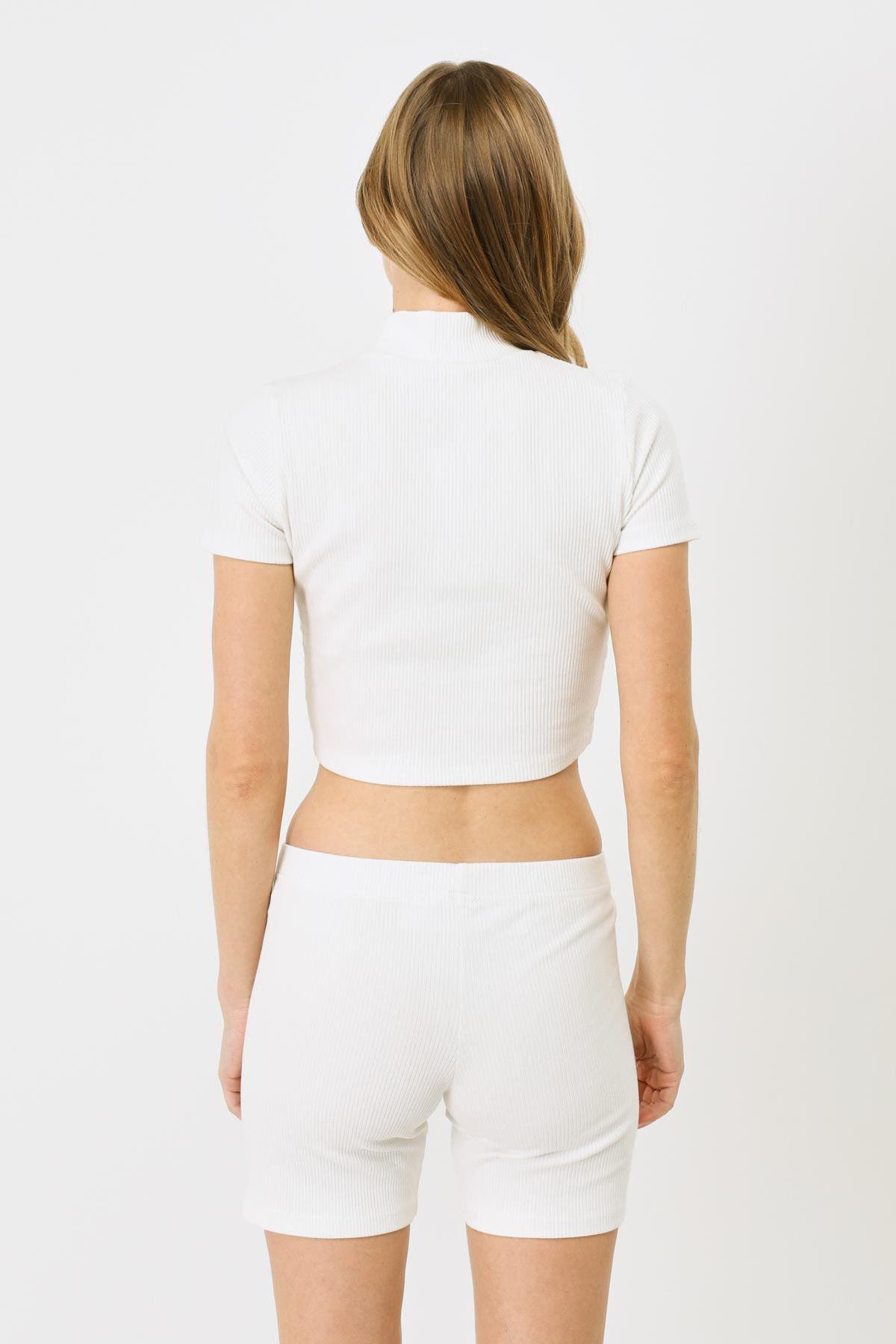 Damen Kurzarm-Rippbluse mit hohem Ausschnitt