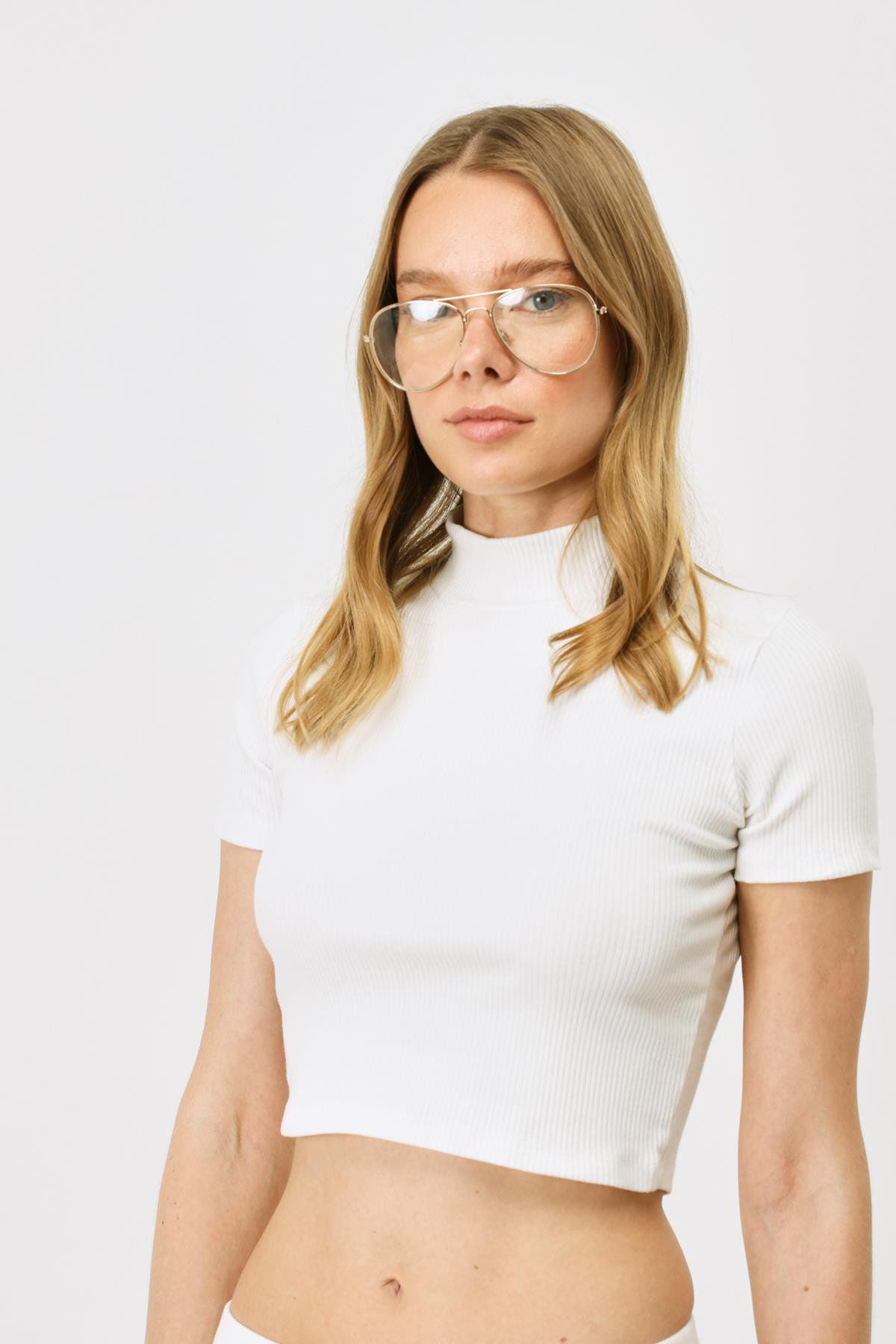 Damen Kurzarm-Rippbluse mit hohem Ausschnitt