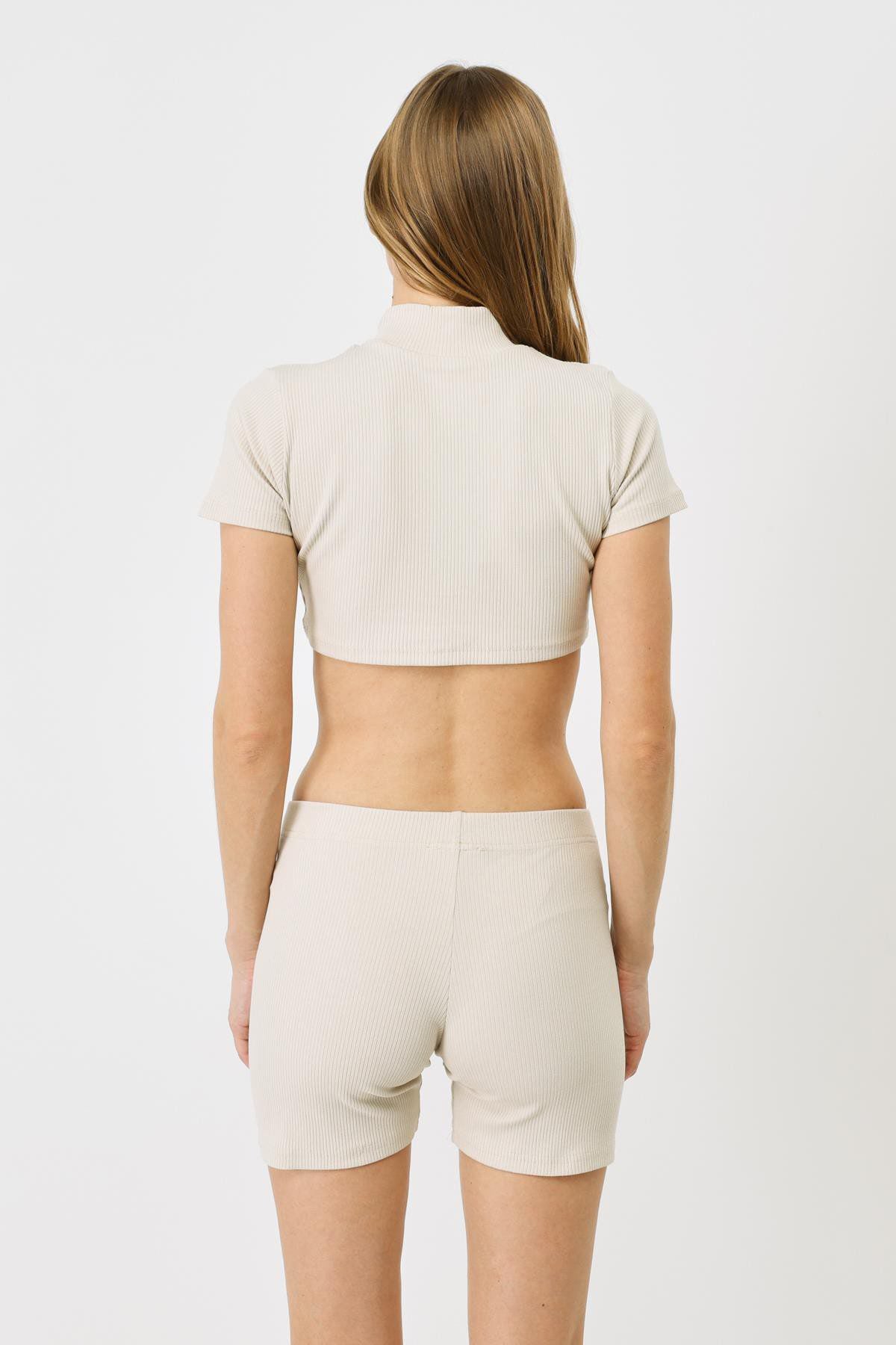 Damen Kurzarm Crop Rippbluse