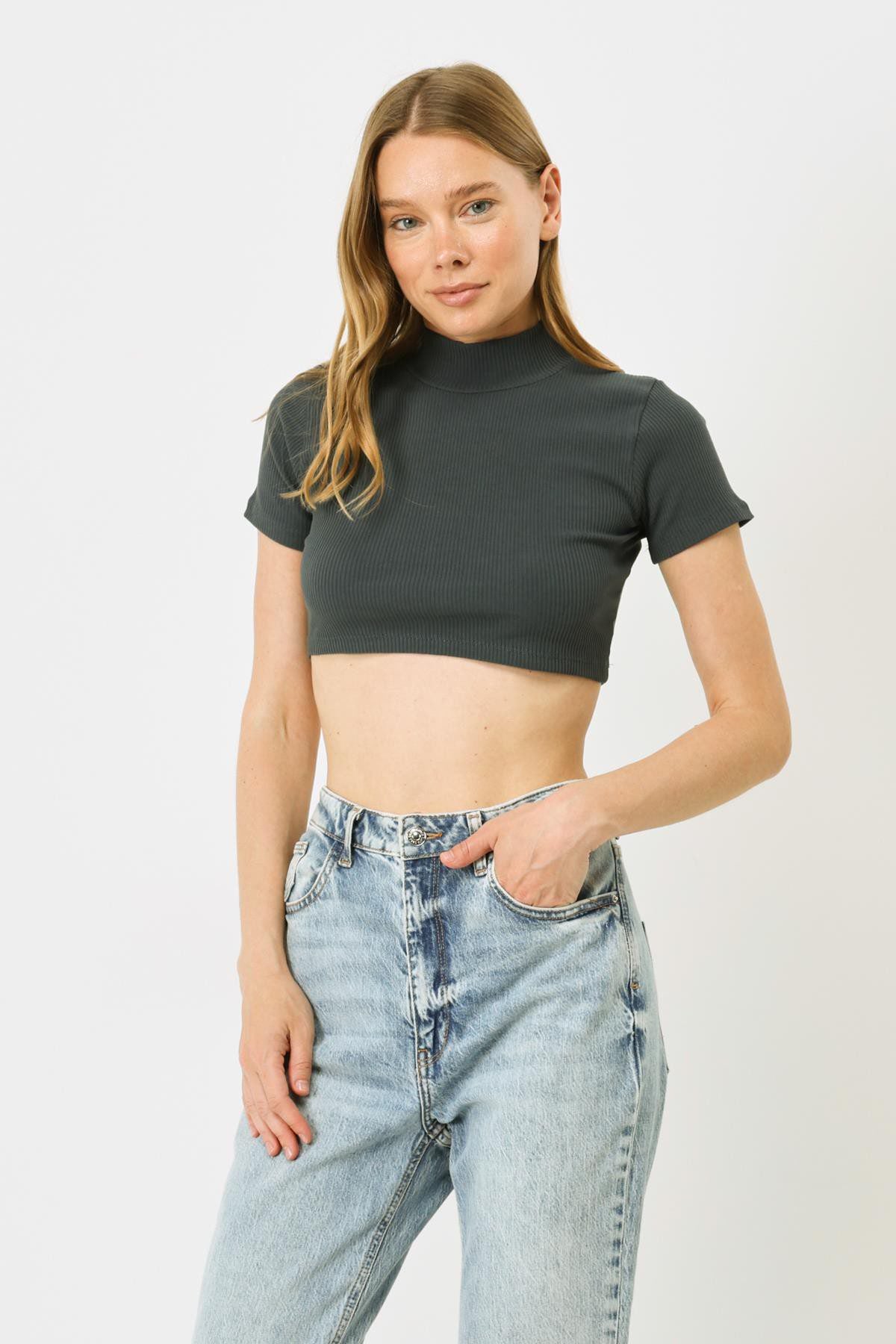 Damen Kurzarm Crop Rippbluse
