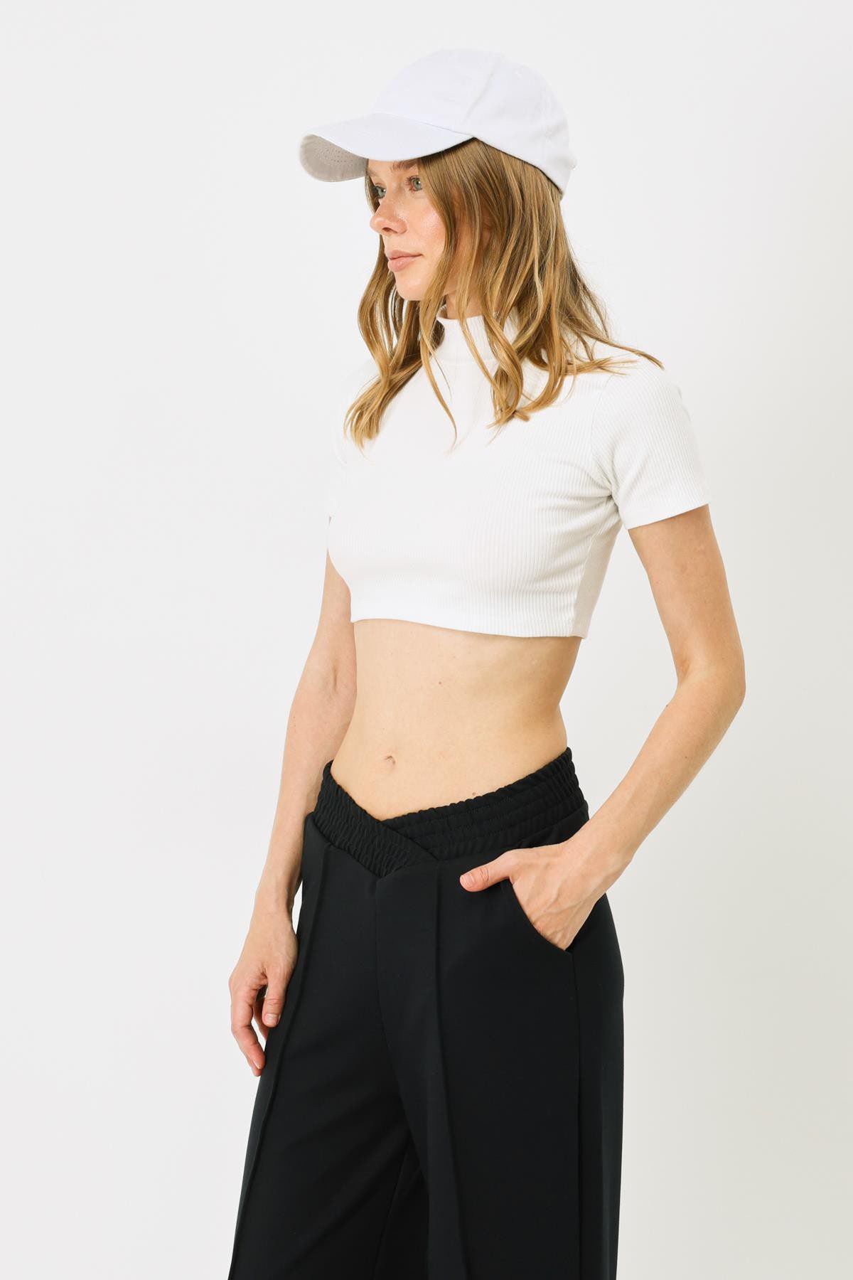 Damen Kurzarm Crop Rippbluse