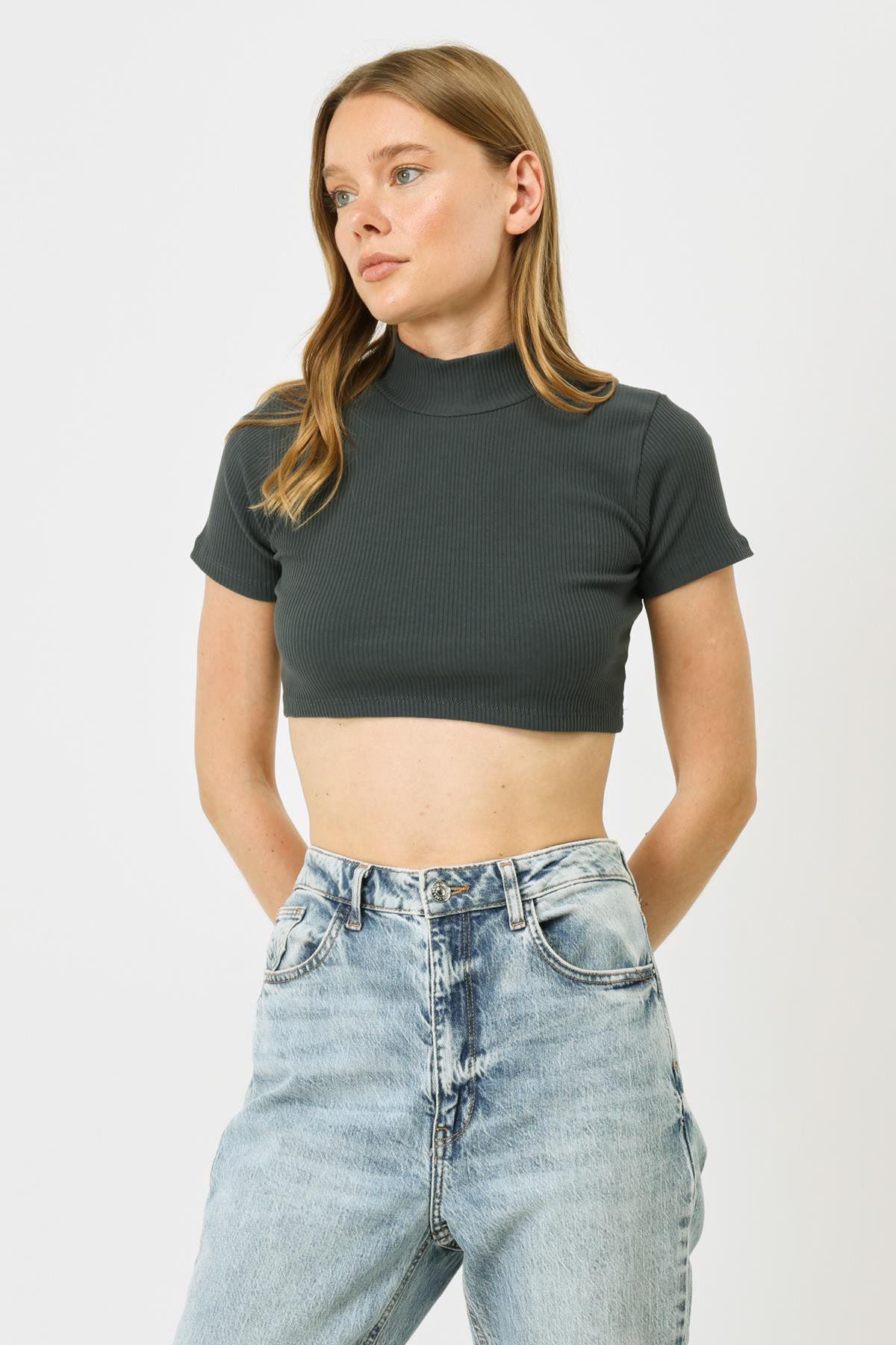 Damen Kurzarm Crop Rippbluse