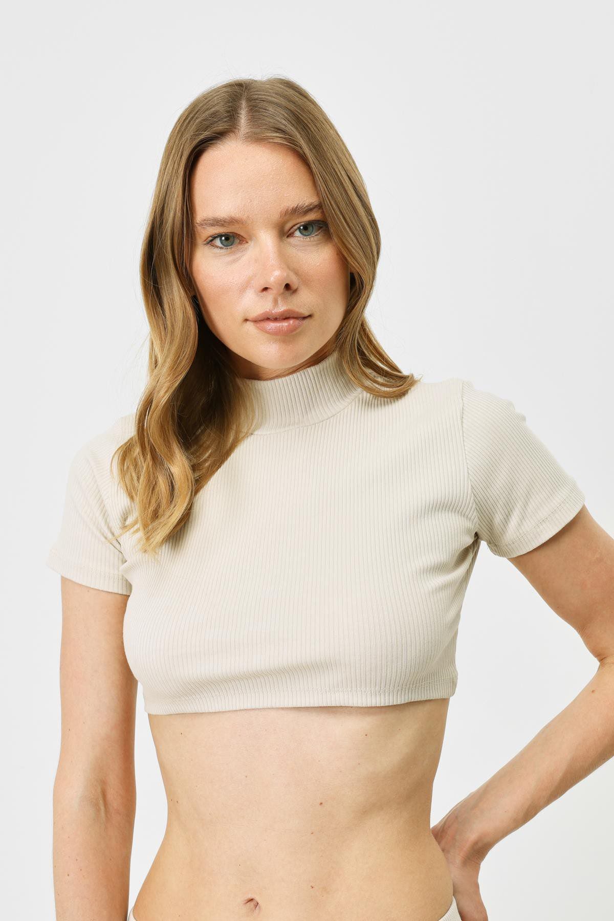 Damen Kurzarm Crop Rippbluse