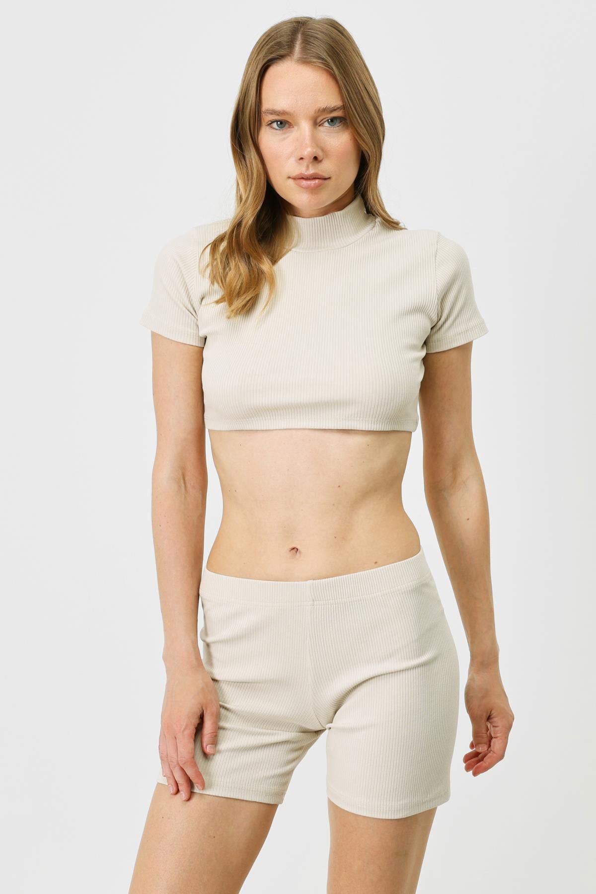 Damen Kurzarm Crop Rippbluse