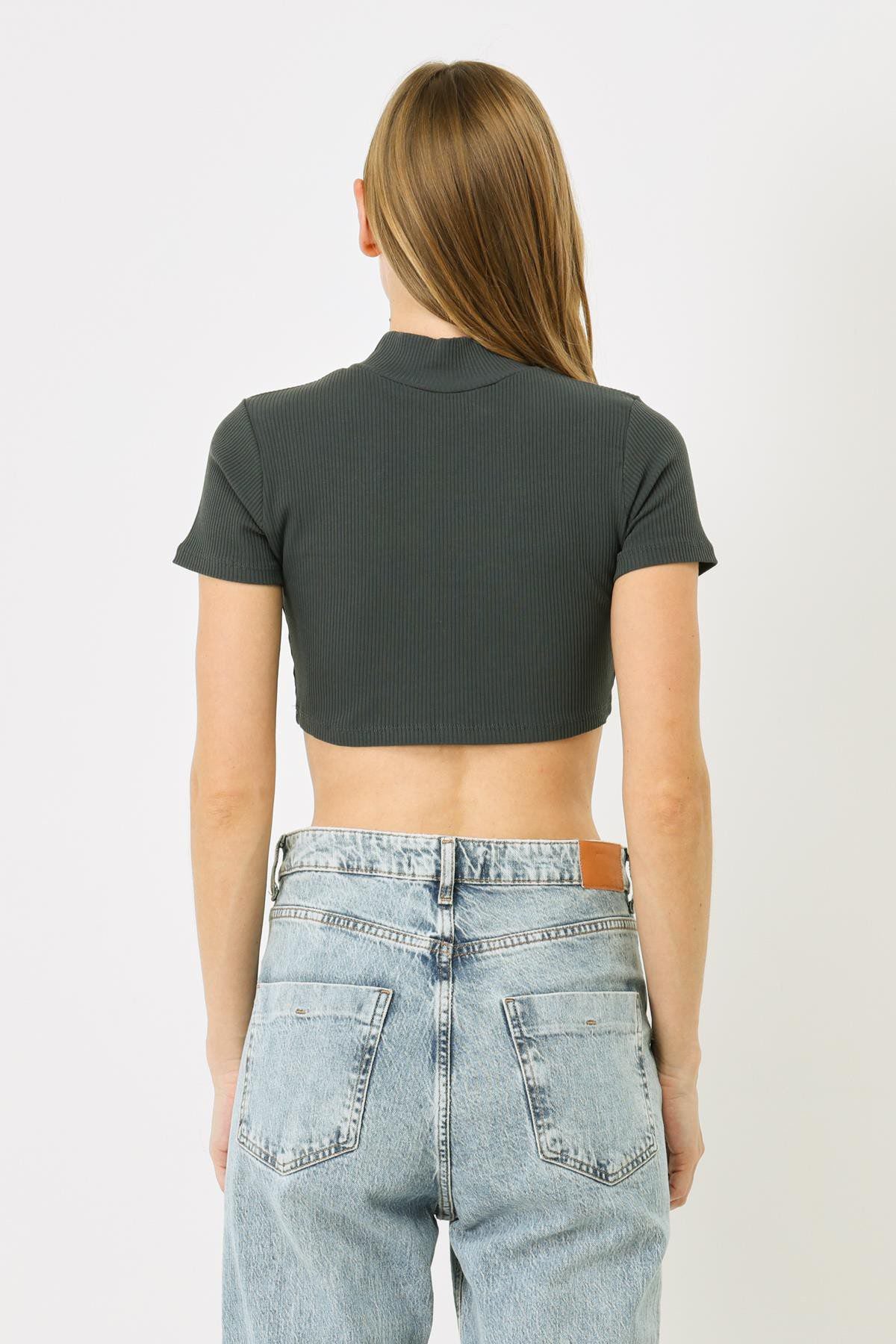 Damen Kurzarm Crop Rippbluse