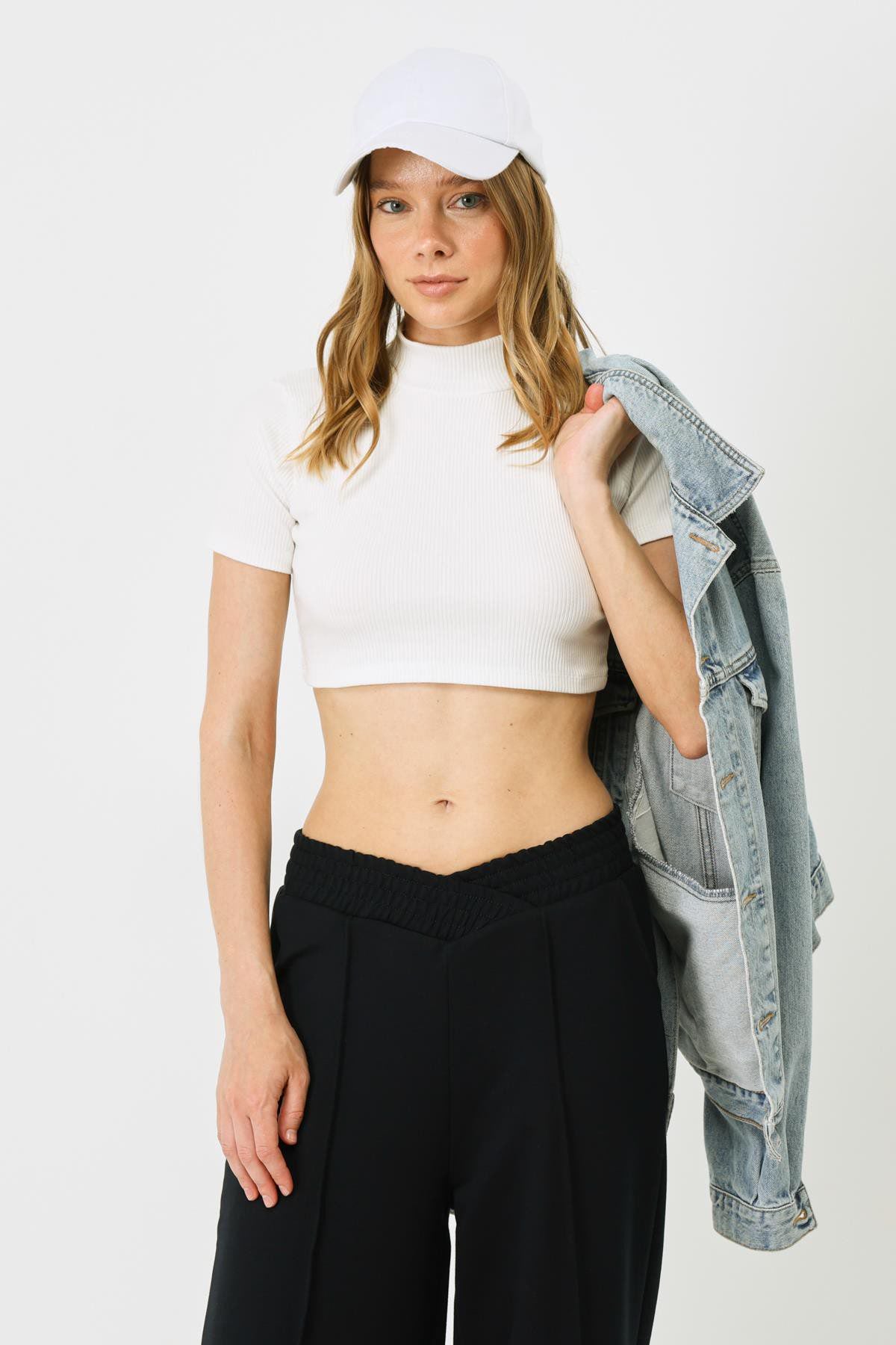 Damen Kurzarm Crop Rippbluse