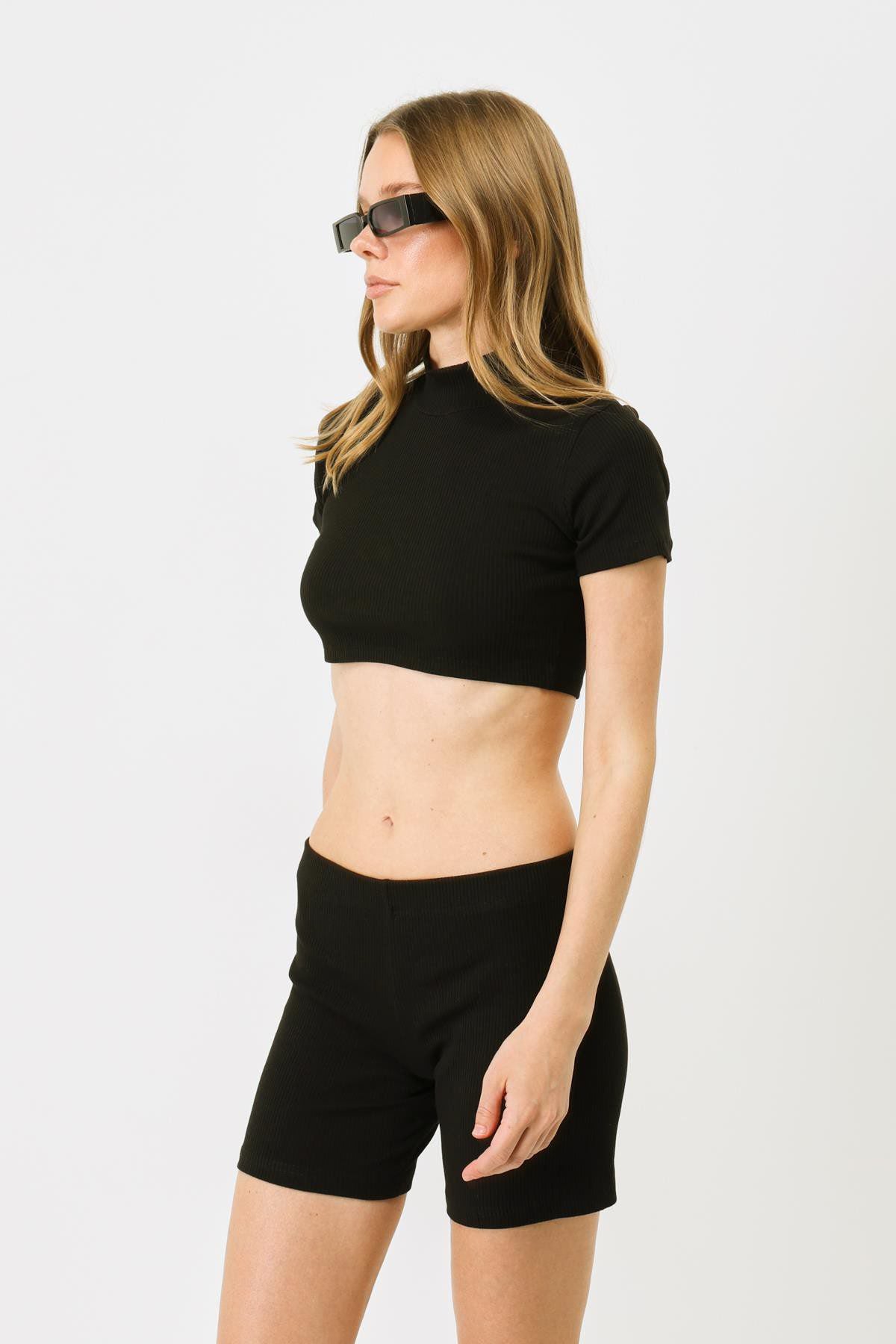 Damen Kurzarm Crop Rippbluse