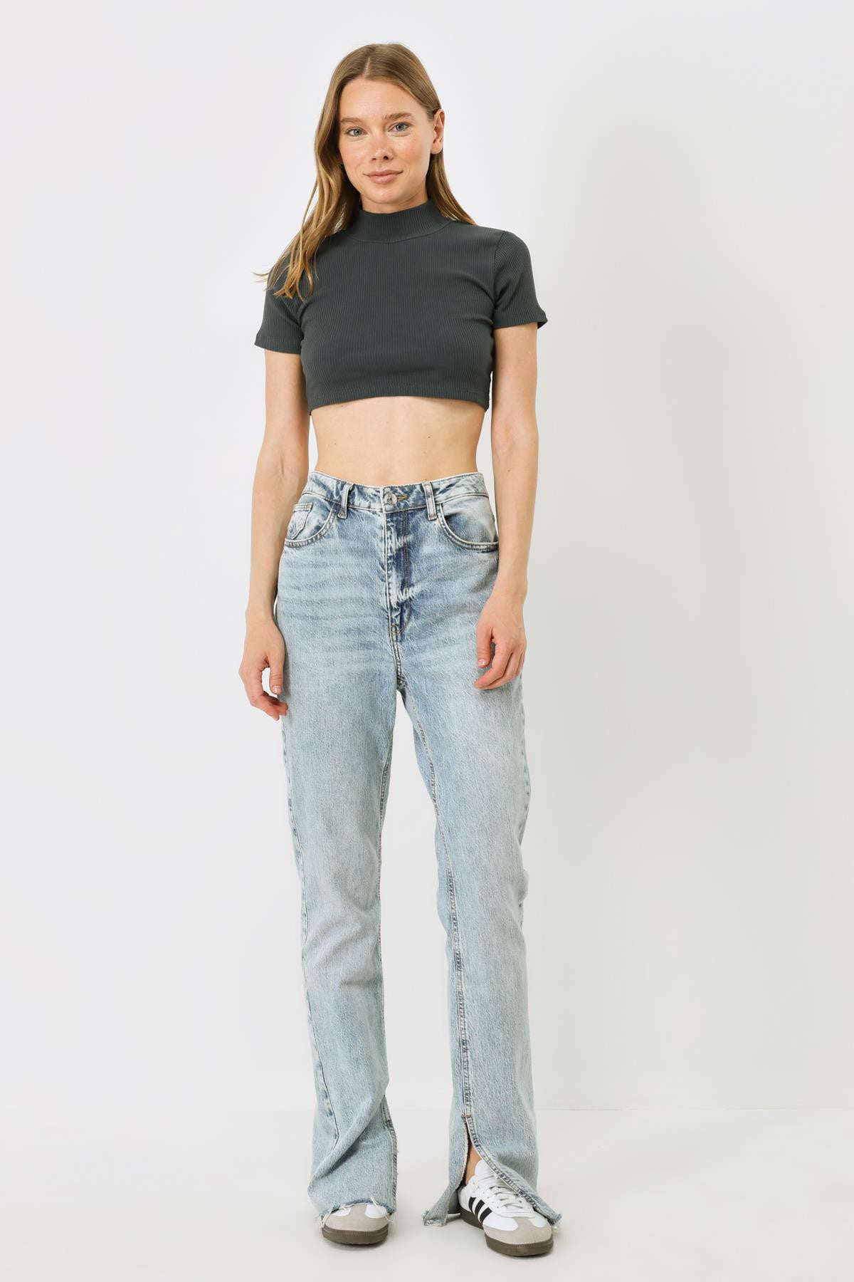 Damen Kurzarm Crop Rippbluse