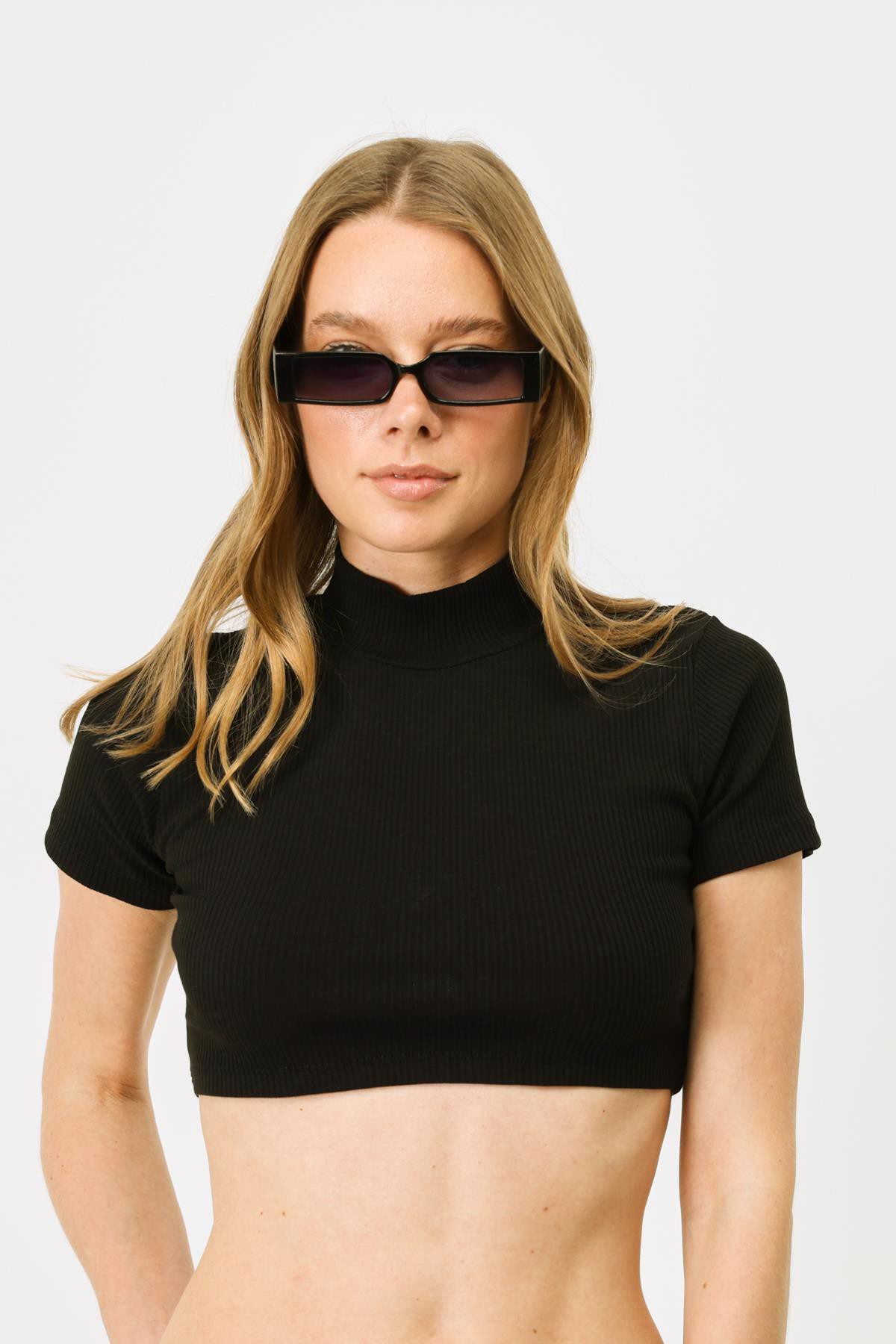Damen Kurzarm Crop Rippbluse