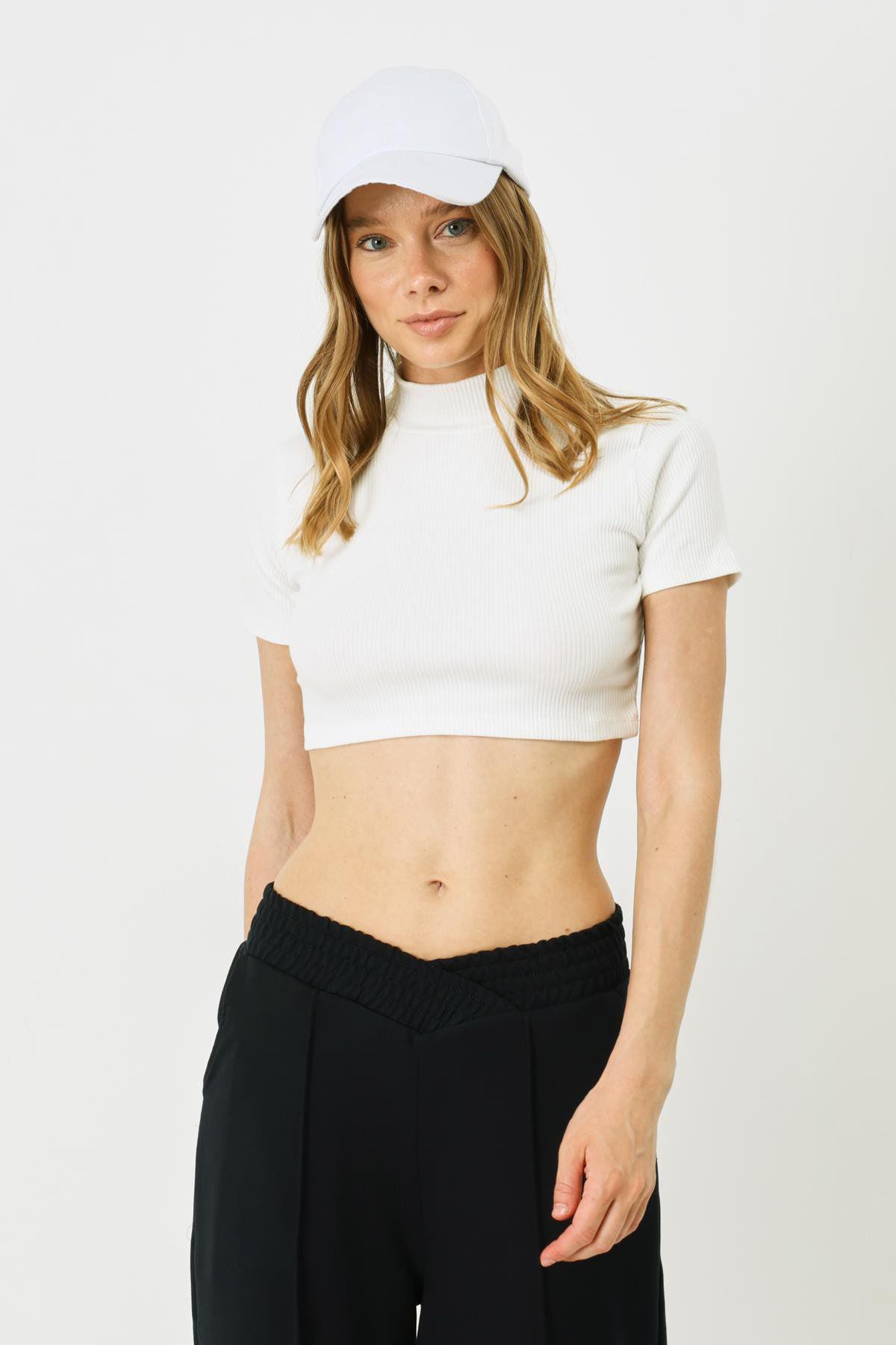 Damen Kurzarm Crop Rippbluse