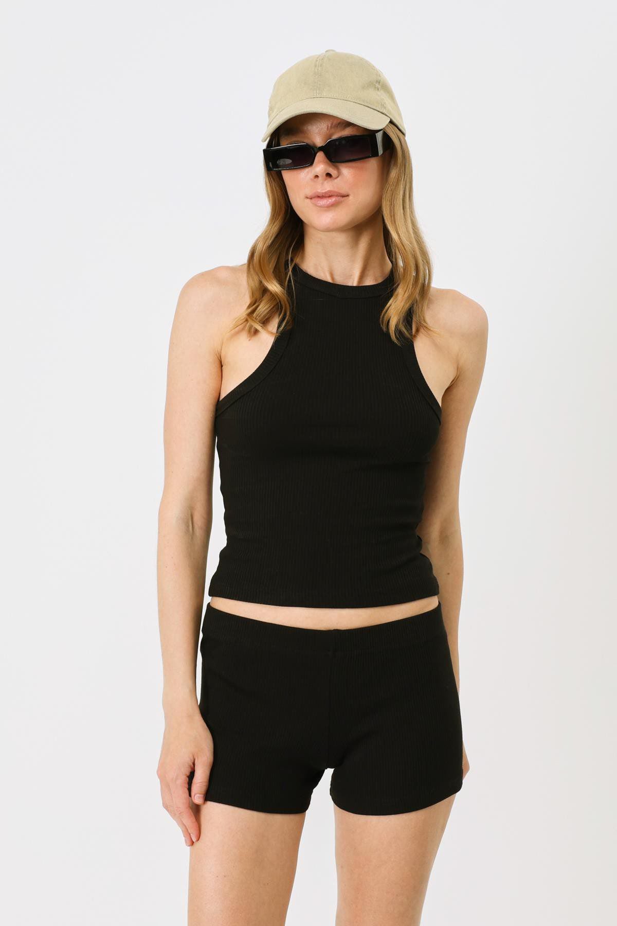 Damen Halterneck Stretch Lang Tank Top