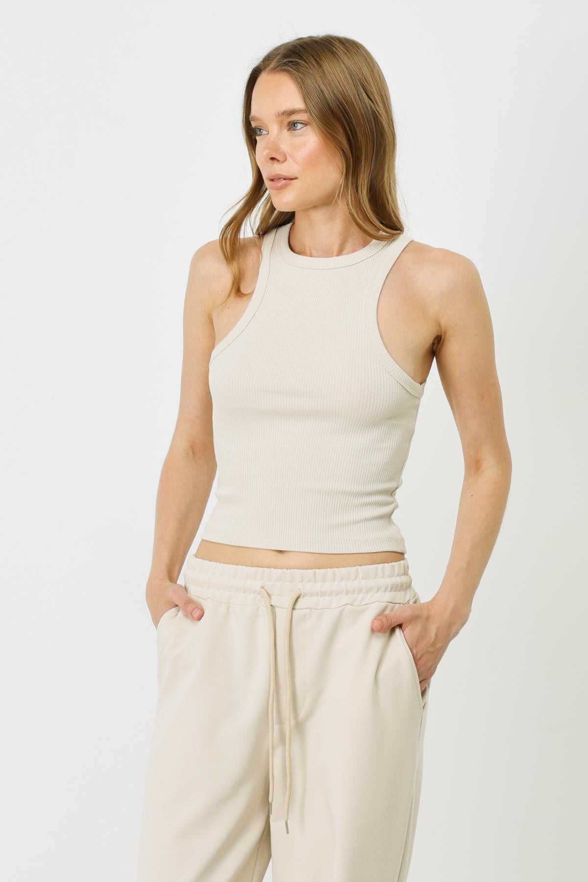Damen Halterneck Stretch Lang Tank Top