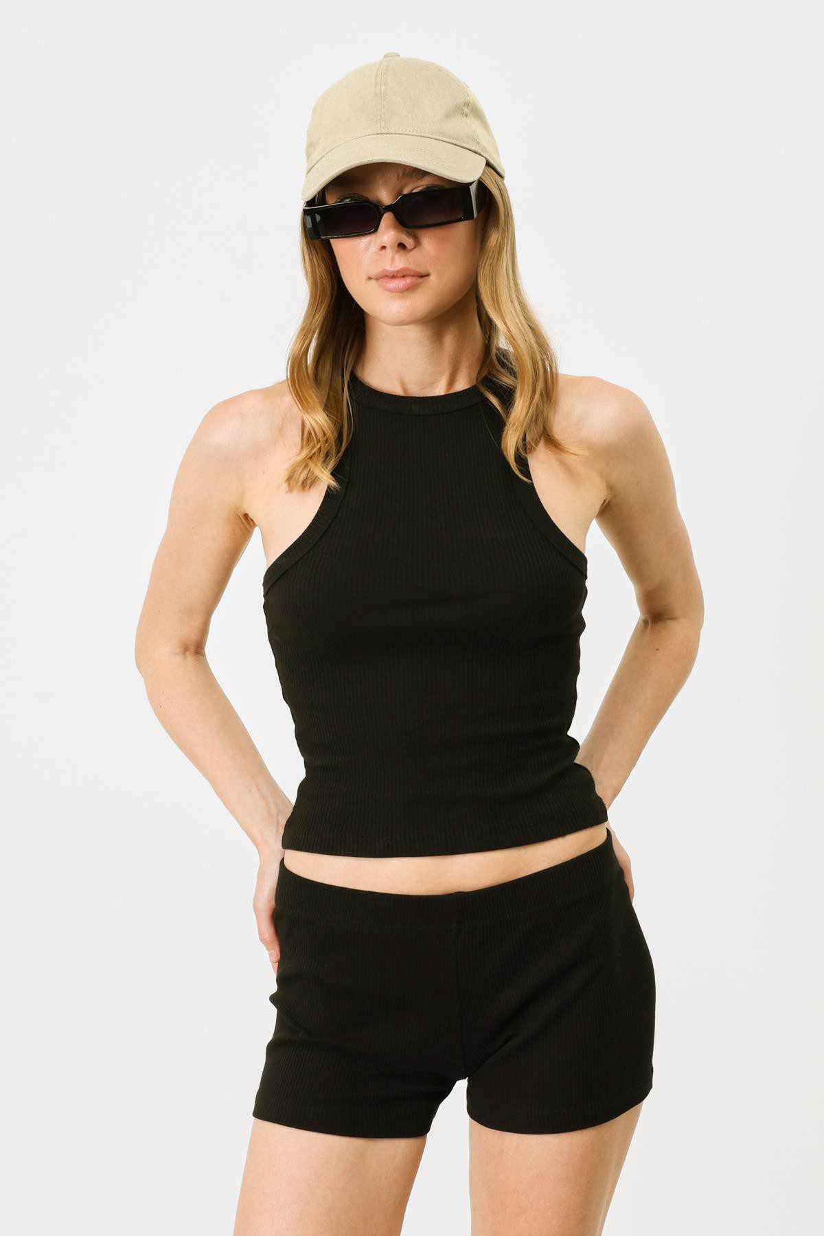 Damen Halterneck Stretch Lang Tank Top