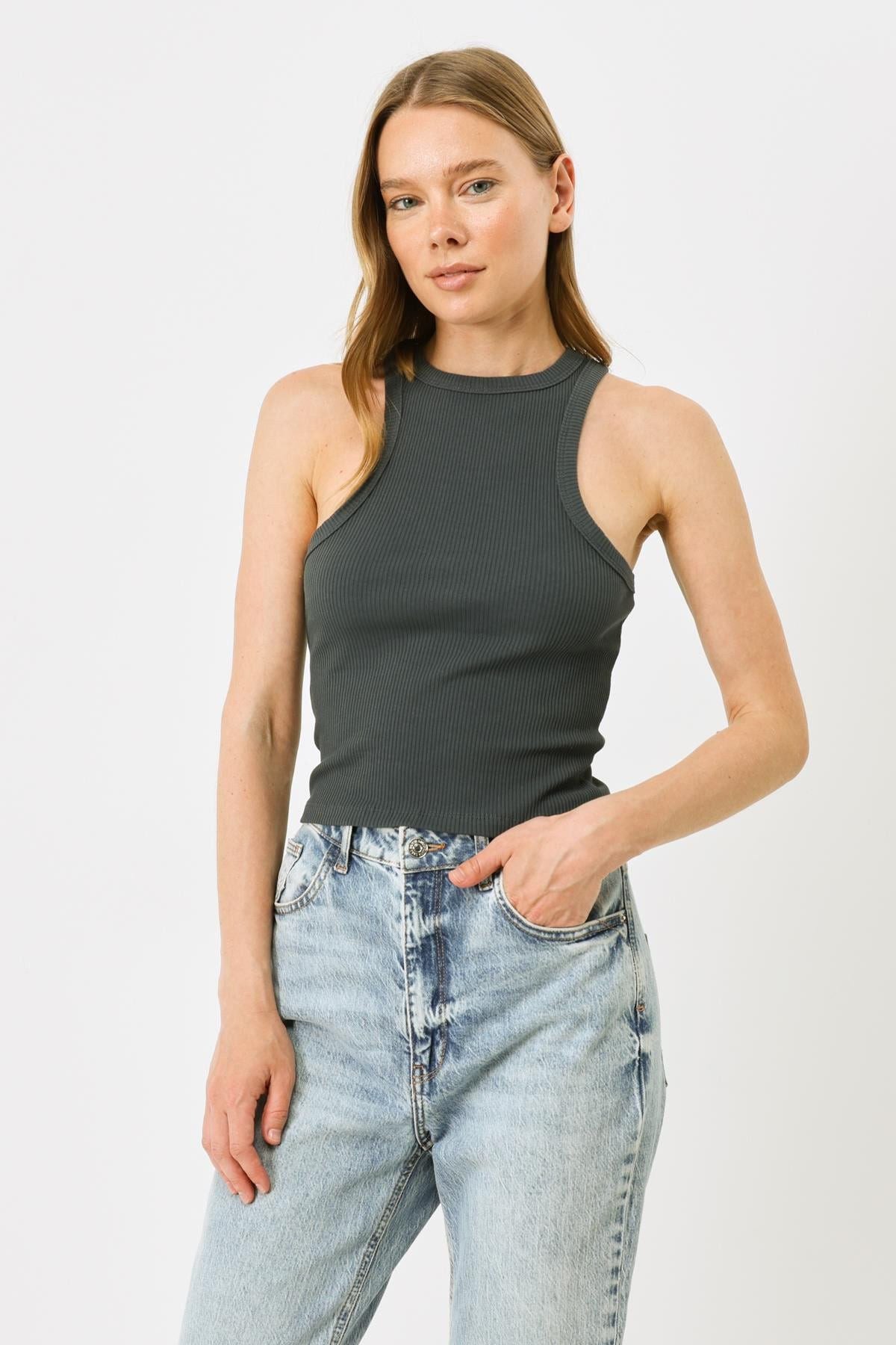 Damen Halterneck Stretch Lang Tank Top