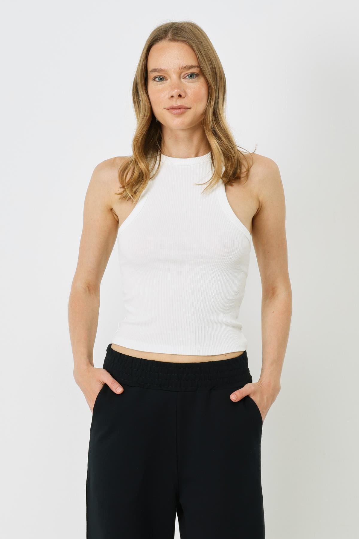 Damen Halterneck Stretch Lang Tank Top