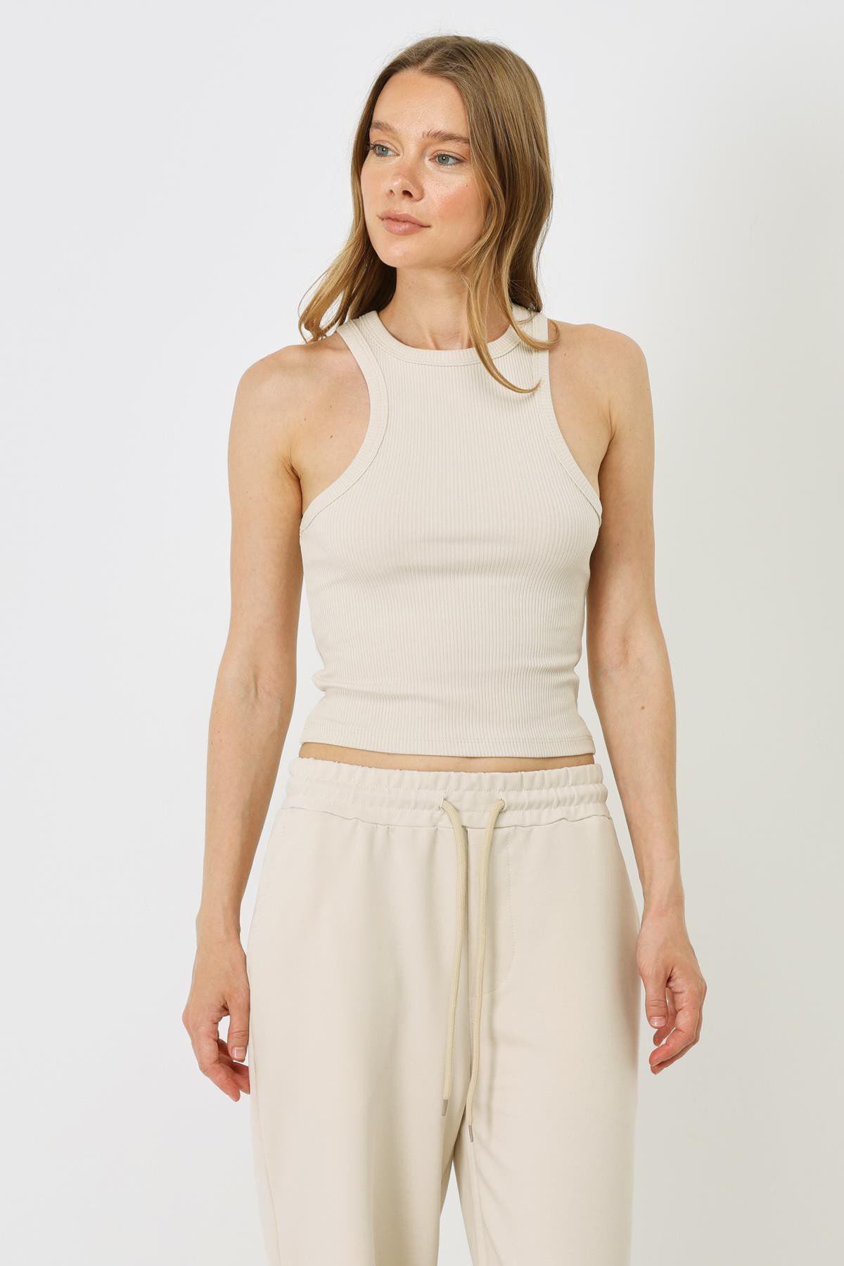 Damen Halterneck Stretch Lang Tank Top