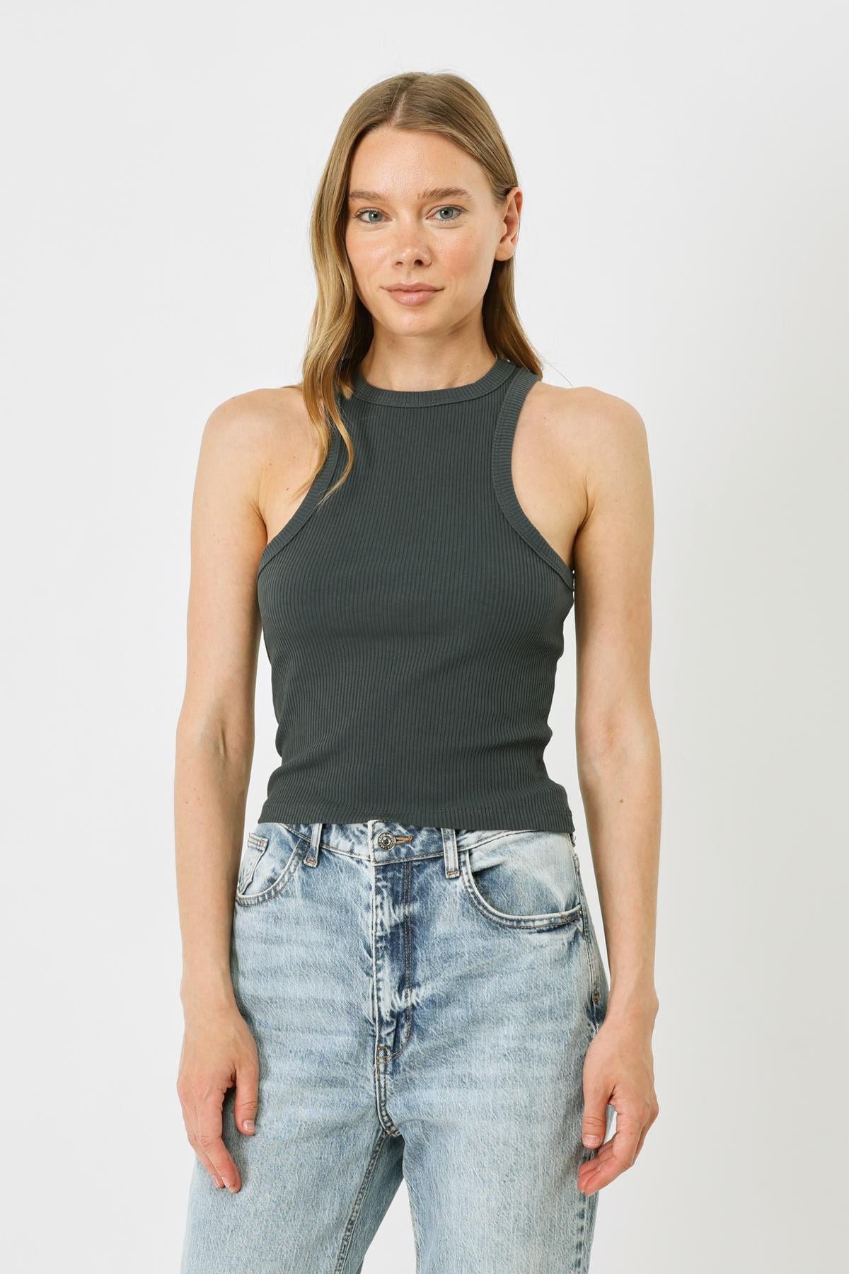 Damen Halterneck Stretch Lang Tank Top