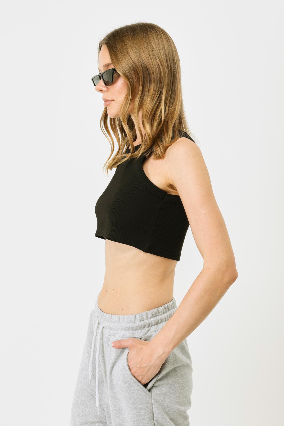 Damen Halterneck Ripp Stretch Mini Crop Top