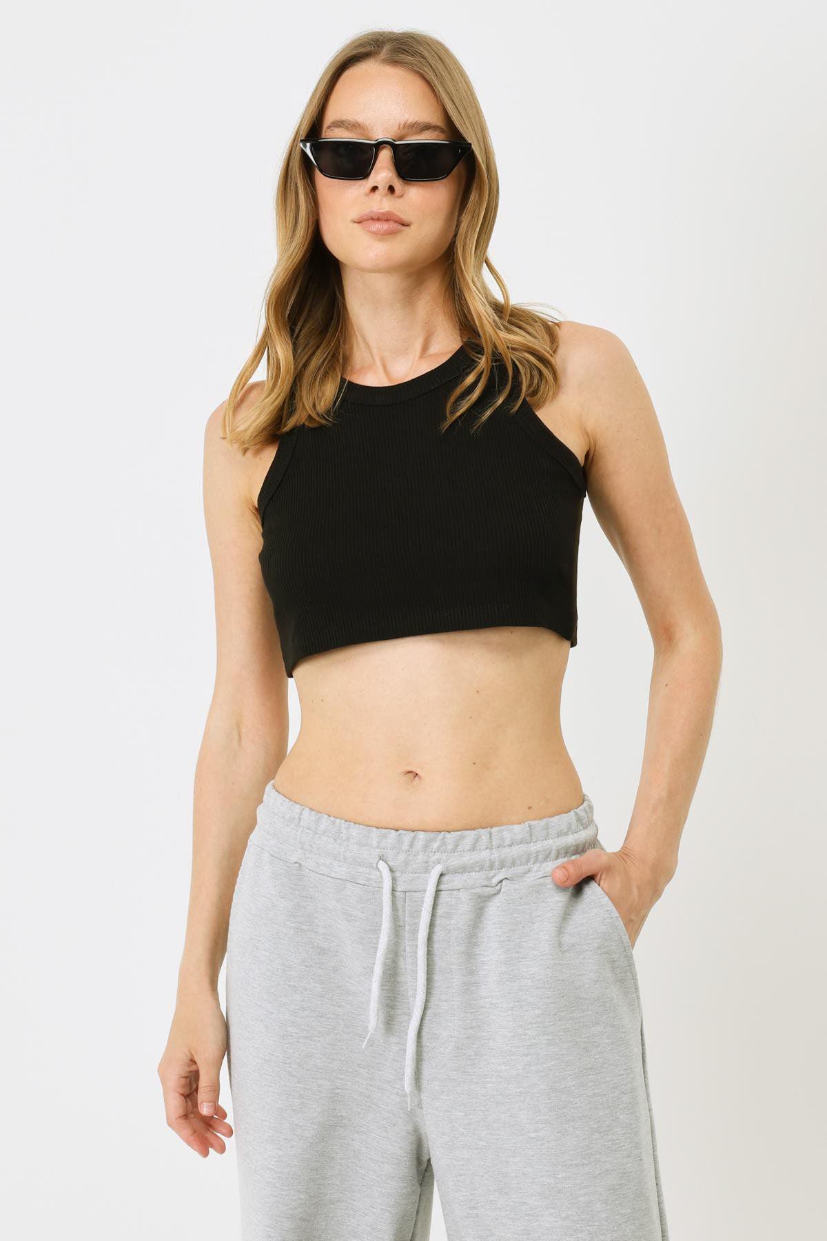 Damen Halterneck Ripp Stretch Mini Crop Top