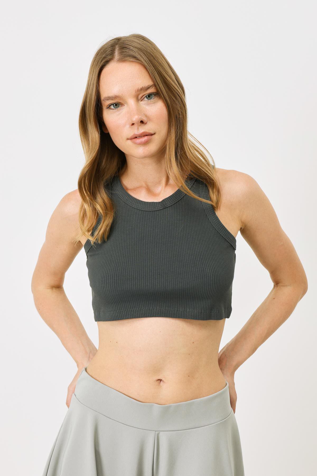 Damen Halterneck Ripp Stretch Mini Crop Top