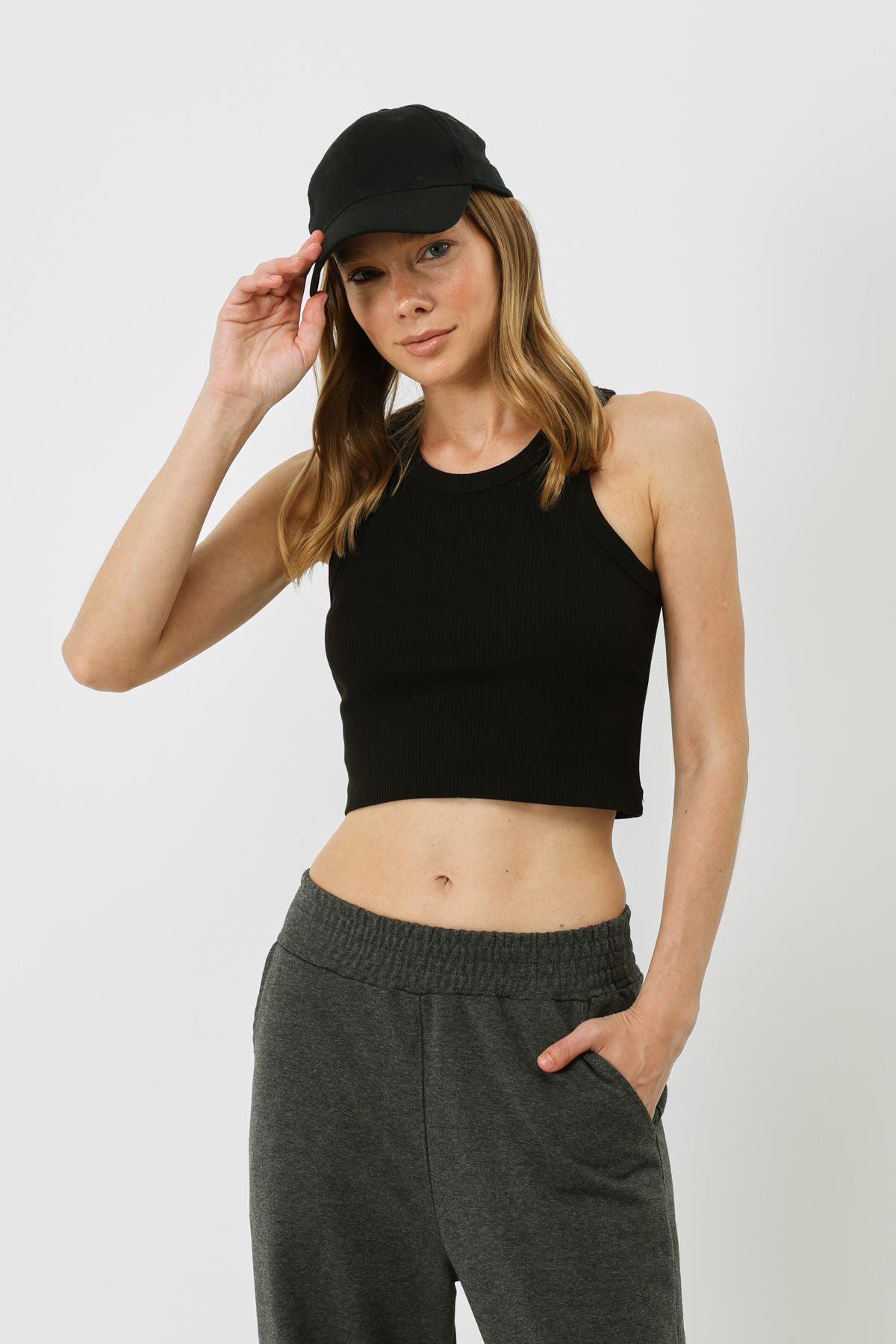 Damen Halterneck Ripp Stretch Crop Top