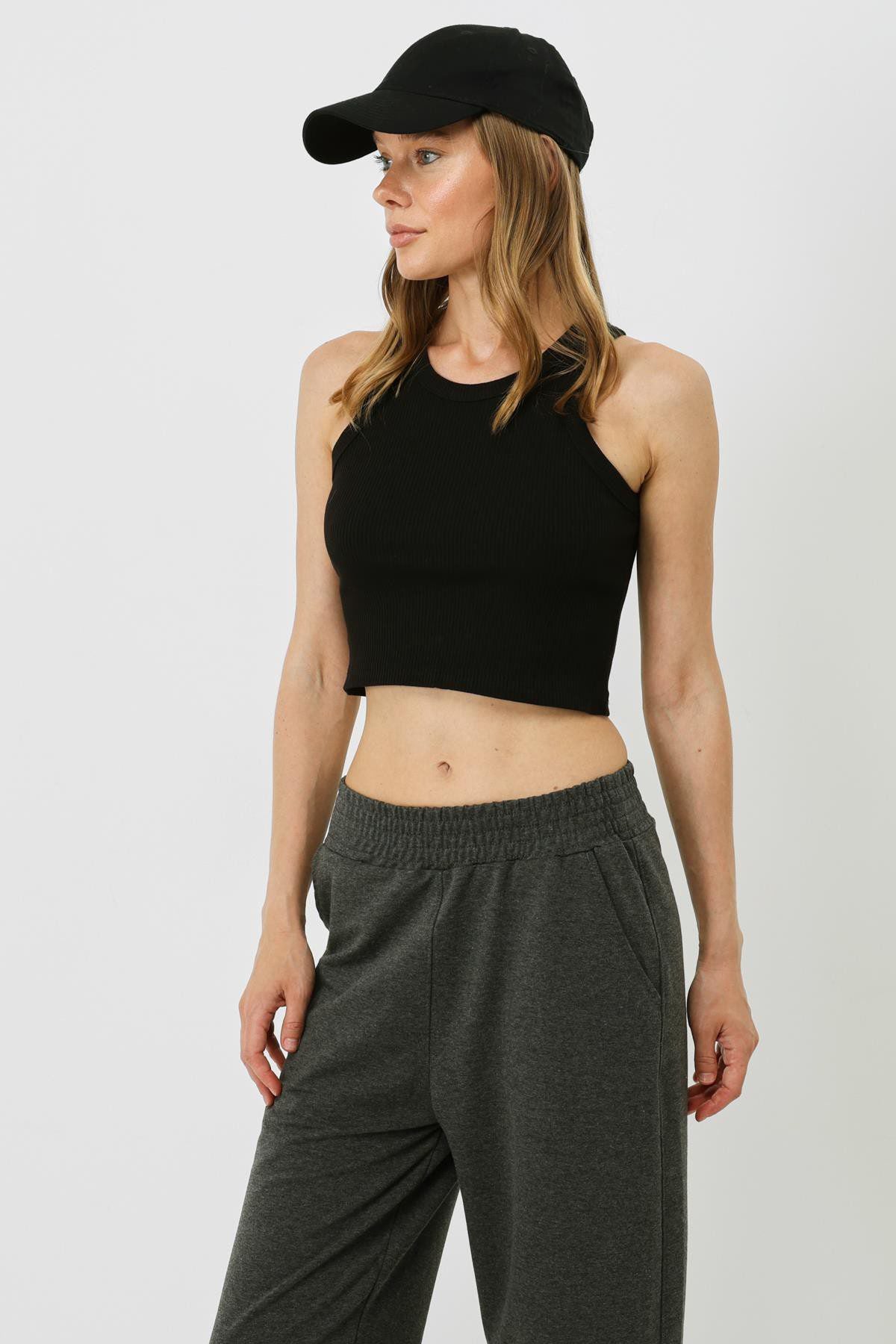 Damen Halterneck Ripp Stretch Crop Top