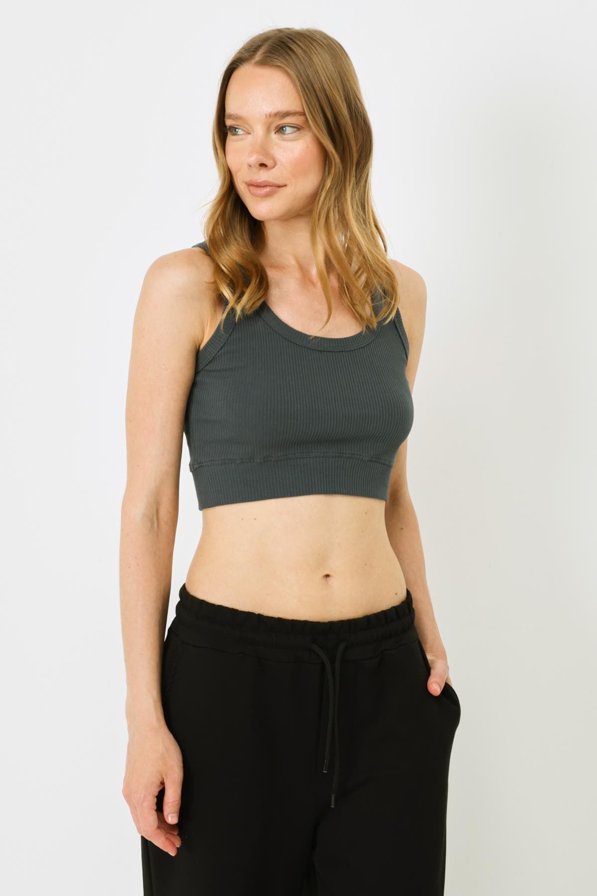 Damen Geripptes Crop Stretch Strick Tank Top