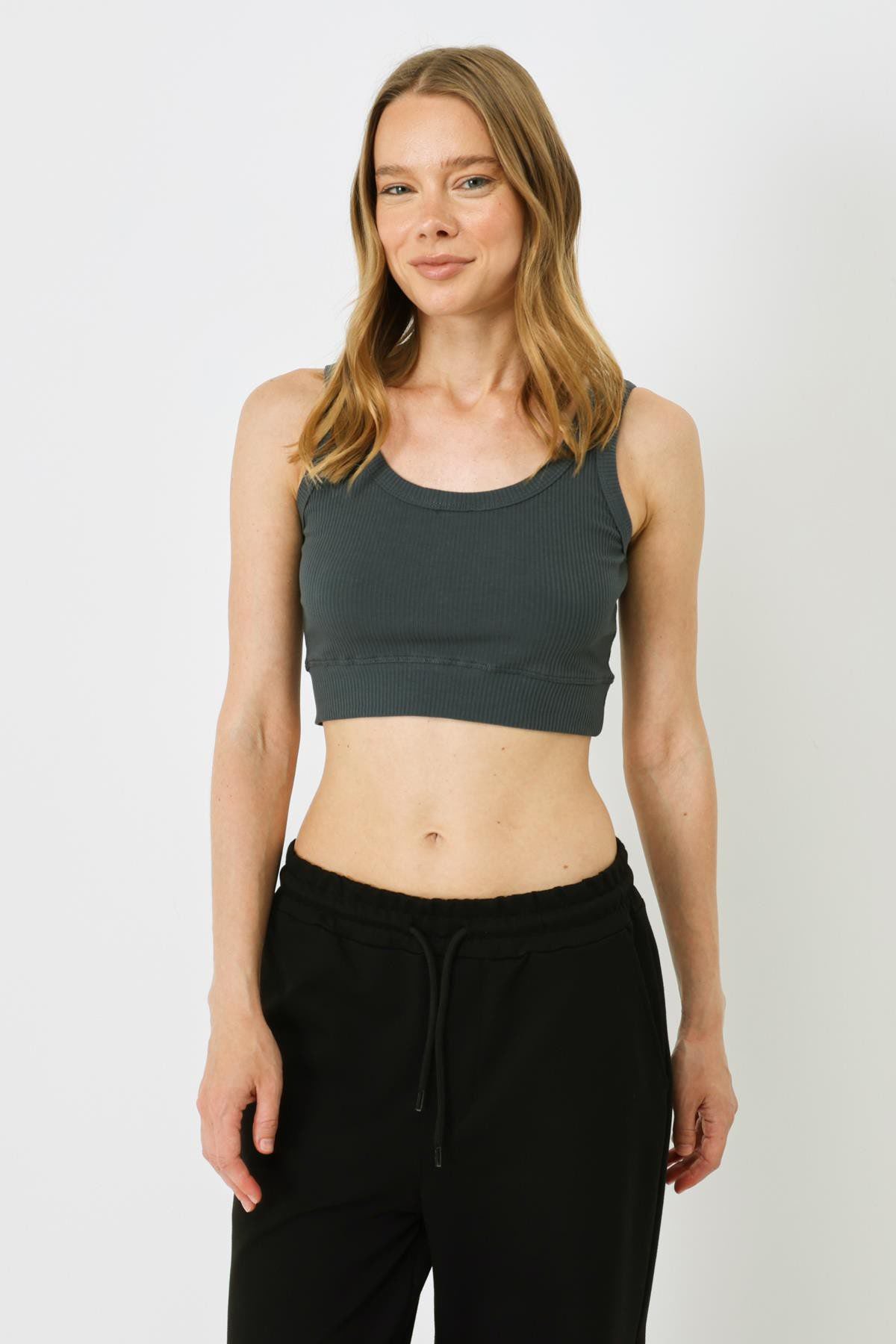 Damen Geripptes Crop Stretch Strick Tank Top