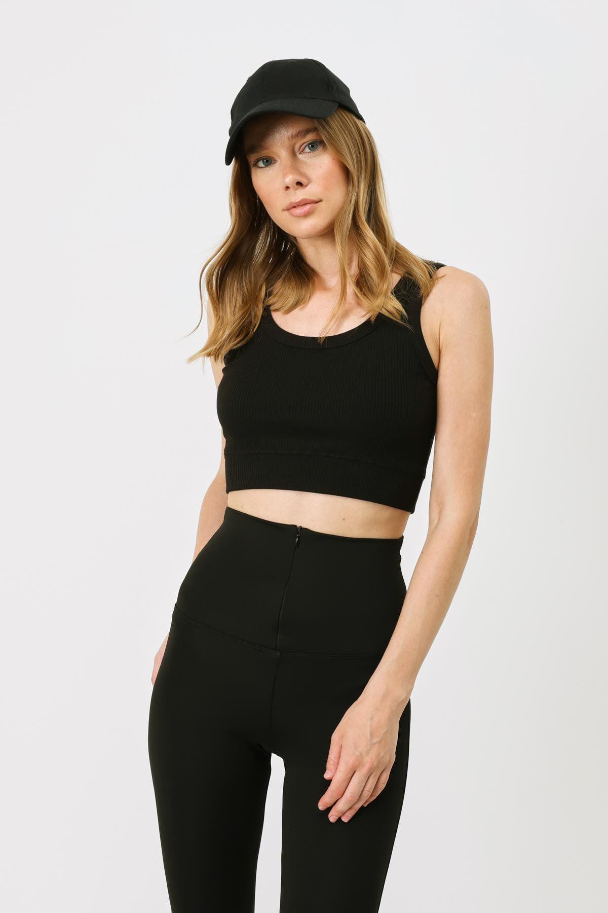 Damen Geripptes Crop Stretch Strick Tank Top