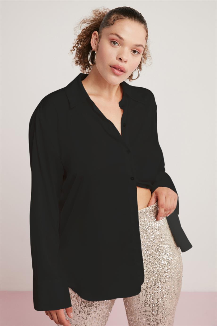 ETHIQUET ULIANA Damen Satin Übergröße Shirt Schwarz
