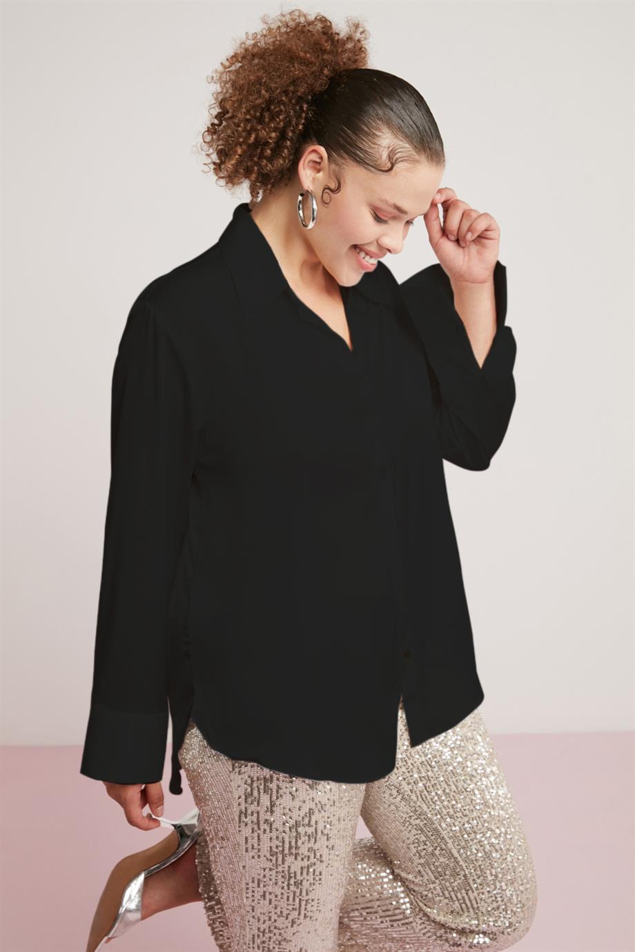 ETHIQUET ULIANA Damen Satin Übergröße Shirt Schwarz