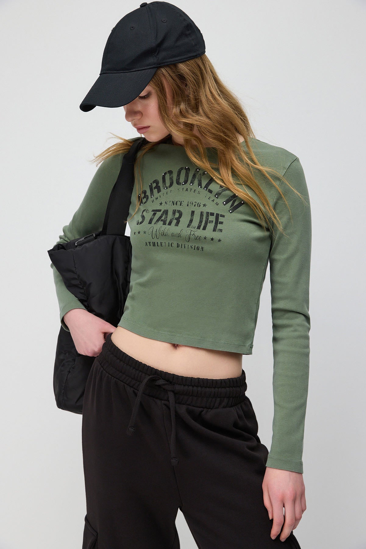Langärmelige, bedruckte Crop-Bluse