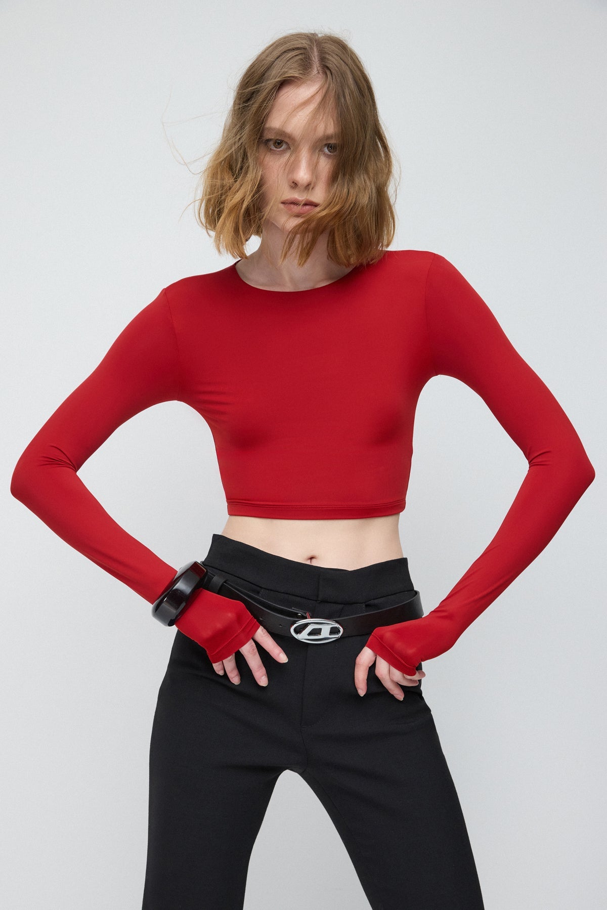 Langärmeliges Basic-Crop-Top