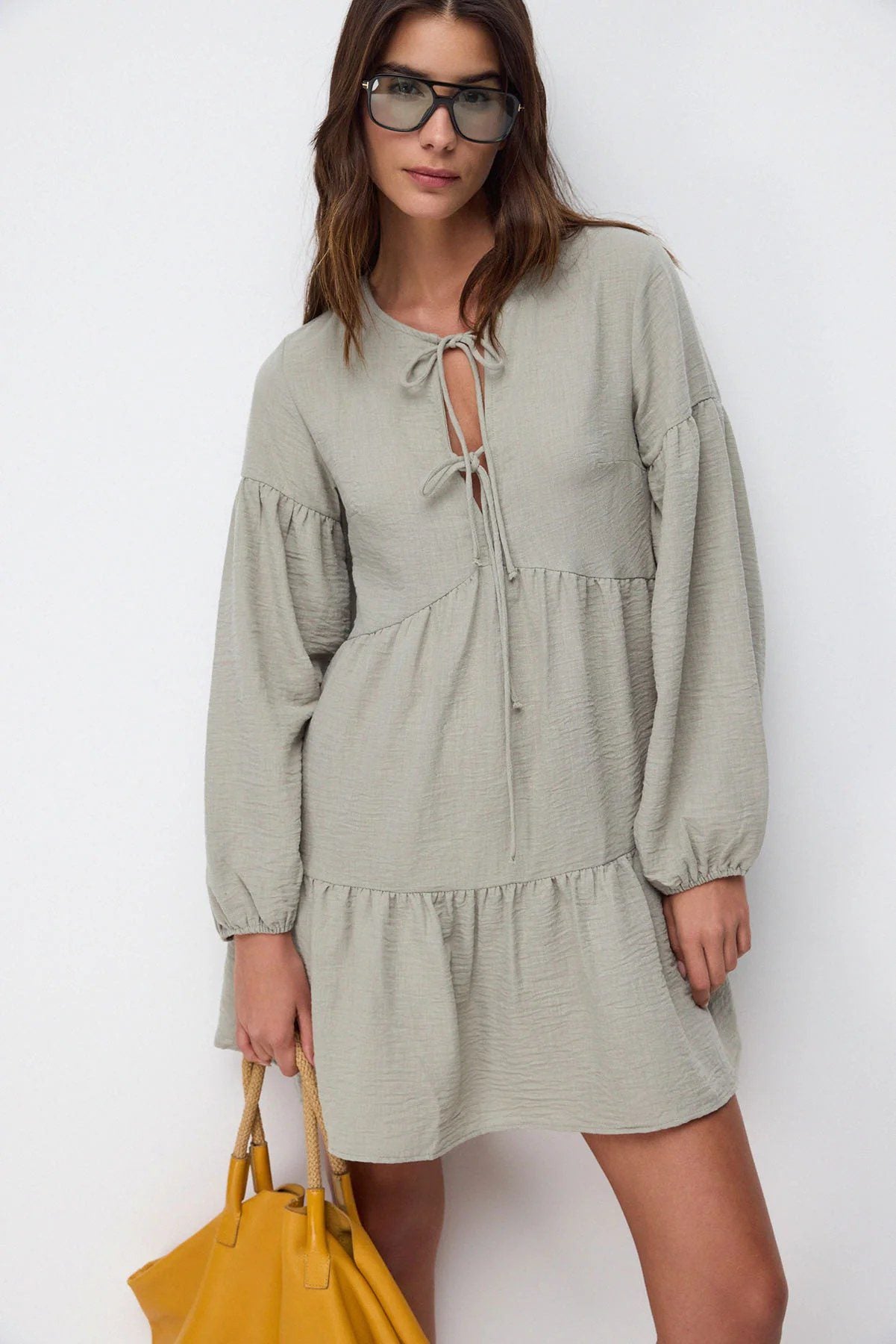 Langarm Leinen Mini-Kleid