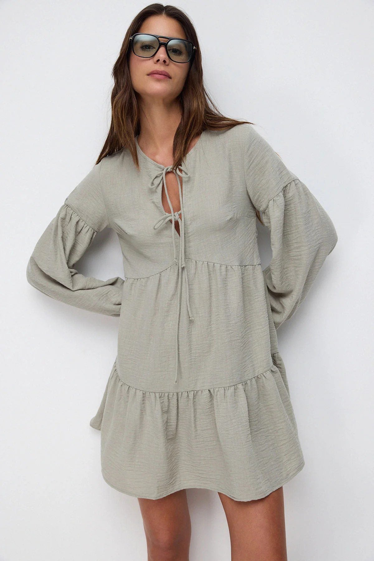 Langarm Leinen Mini-Kleid