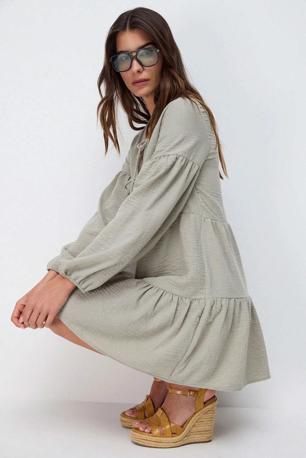 Langarm Leinen Mini-Kleid