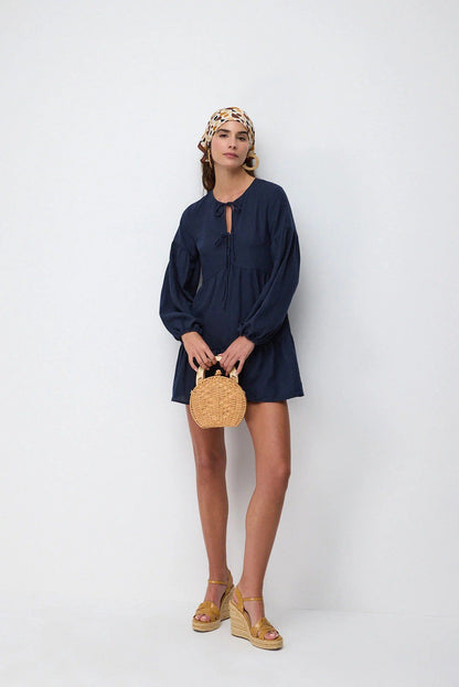 Langarm Leinen Mini-Kleid