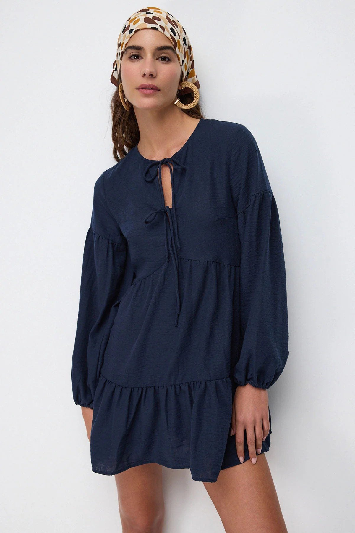 Langarm Leinen Mini-Kleid