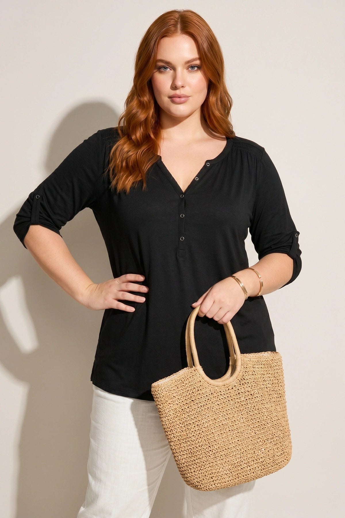 V-Ausschnitt Knopf-Bluse