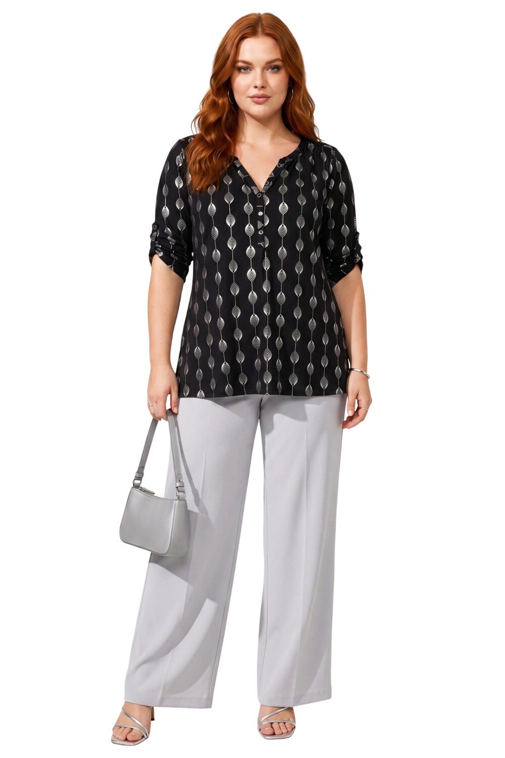 V-Ausschnitt Knopf Bluse mit Folienprint