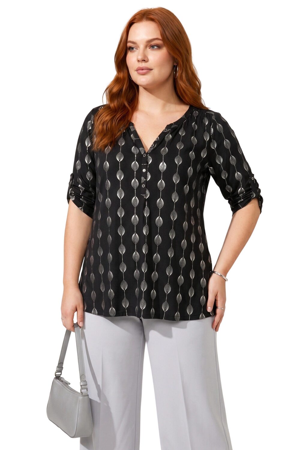 V-Ausschnitt Knopf Bluse mit Folienprint