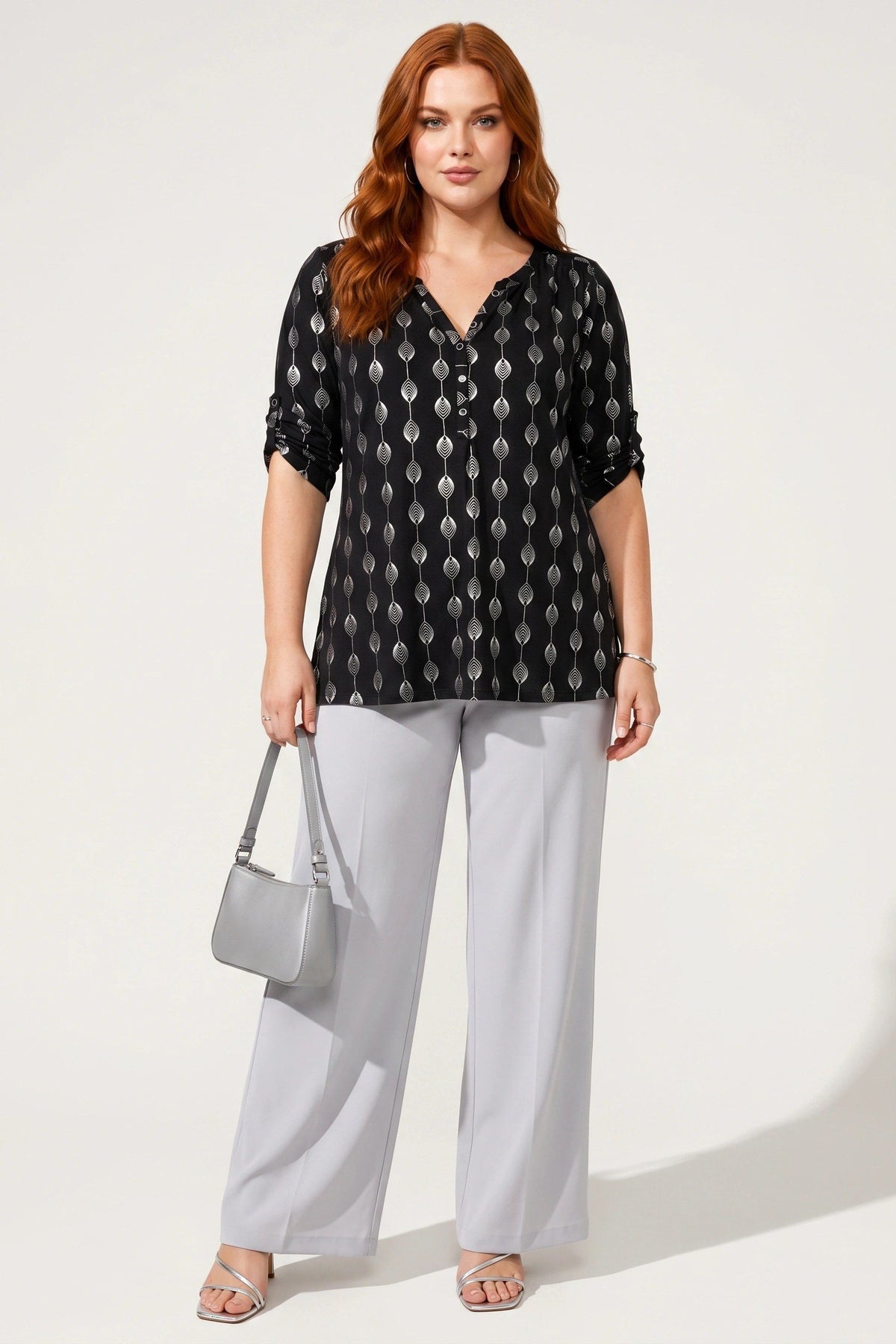 V-Ausschnitt Knopf Bluse mit Folienprint