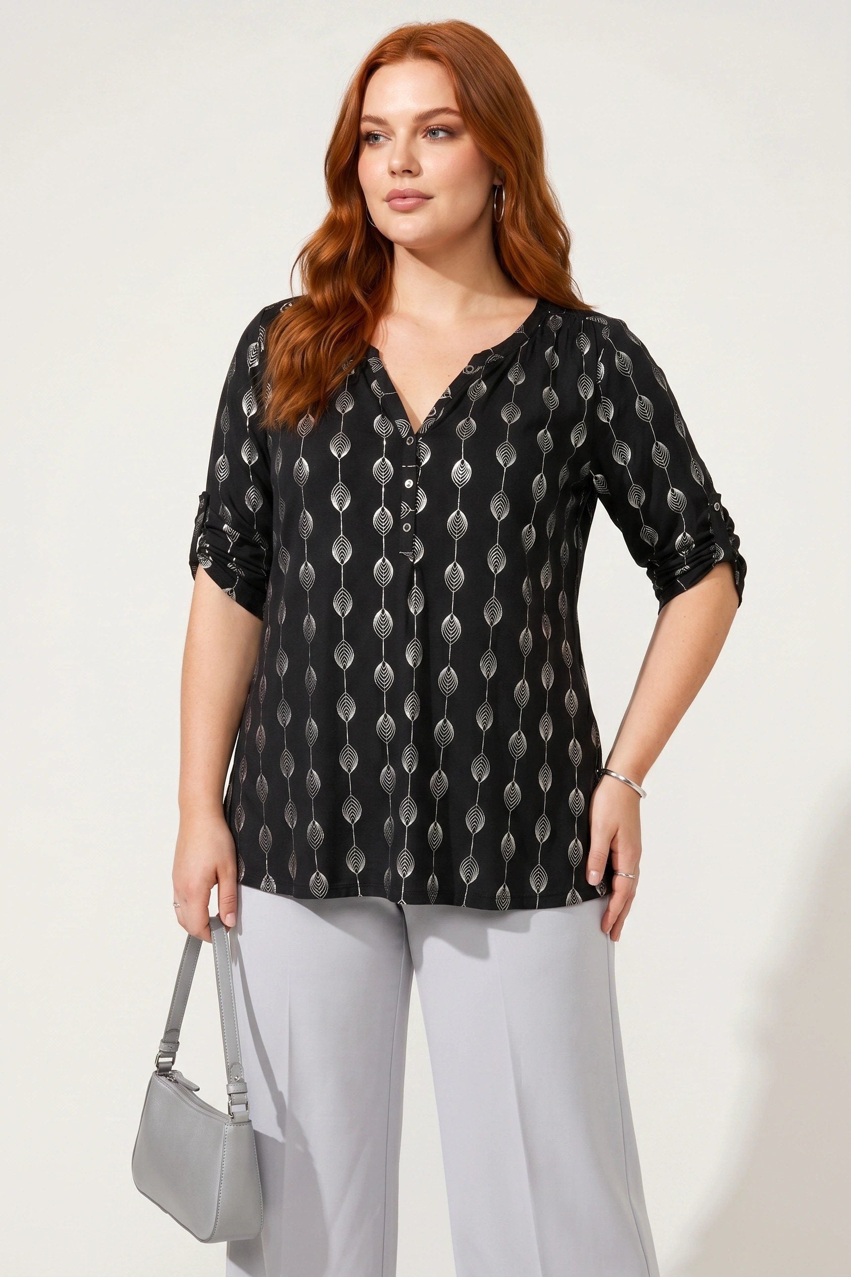 V-Ausschnitt Knopf Bluse mit Folienprint