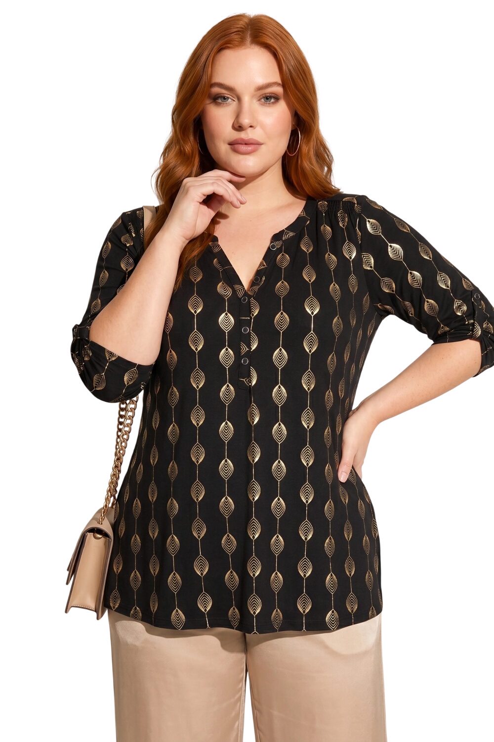 V-Ausschnitt Knopf Bluse mit Folienprint