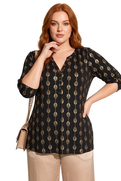 V-Ausschnitt Knopf Bluse mit Folienprint