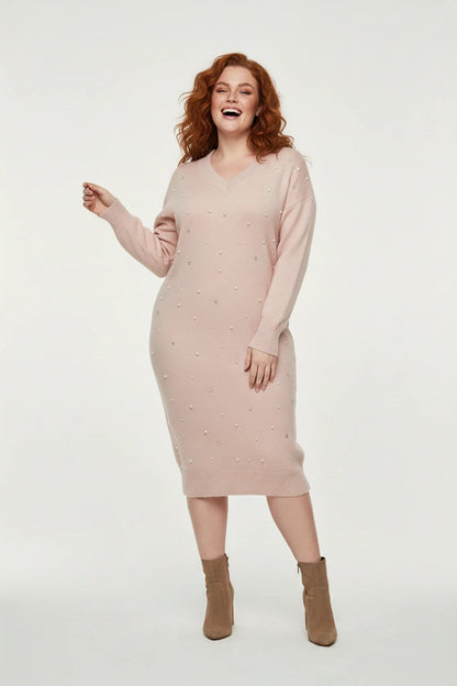 Strickkleid mit V-Ausschnitt und Perlenverzierungen
