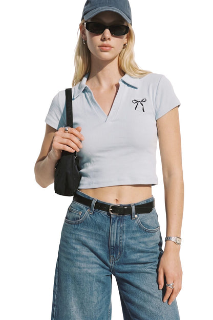 V-Ausschnitt Kurzarm Crop Top