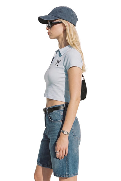 V-Ausschnitt Kurzarm Crop Top