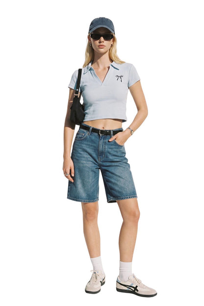 V-Ausschnitt Kurzarm Crop Top